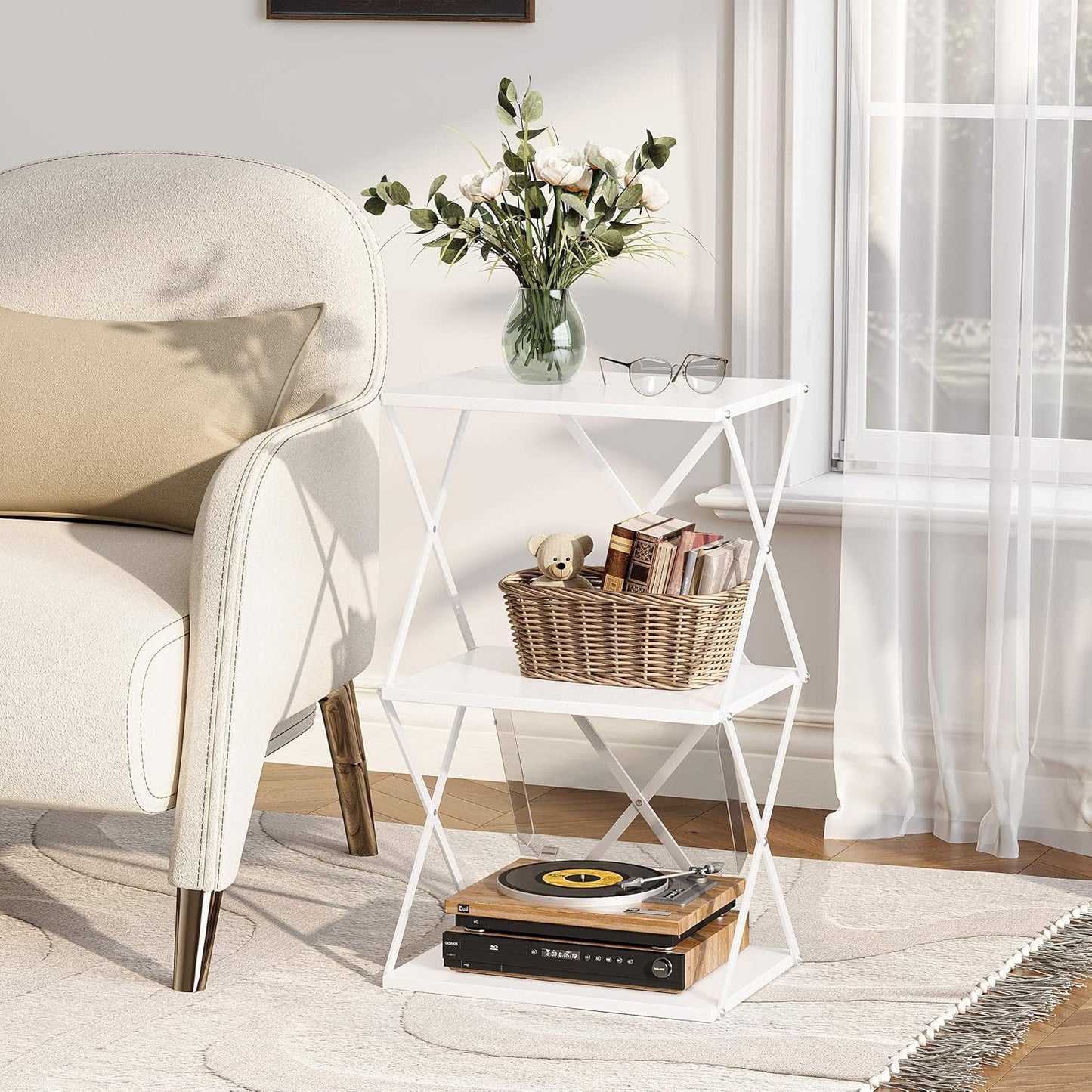 3-Tier End Table Small Side Table Tall Bedside Night Stand with Storage Sofa Side desks for Living Room Bedroom Office Bathroom Small Space White ET-03W