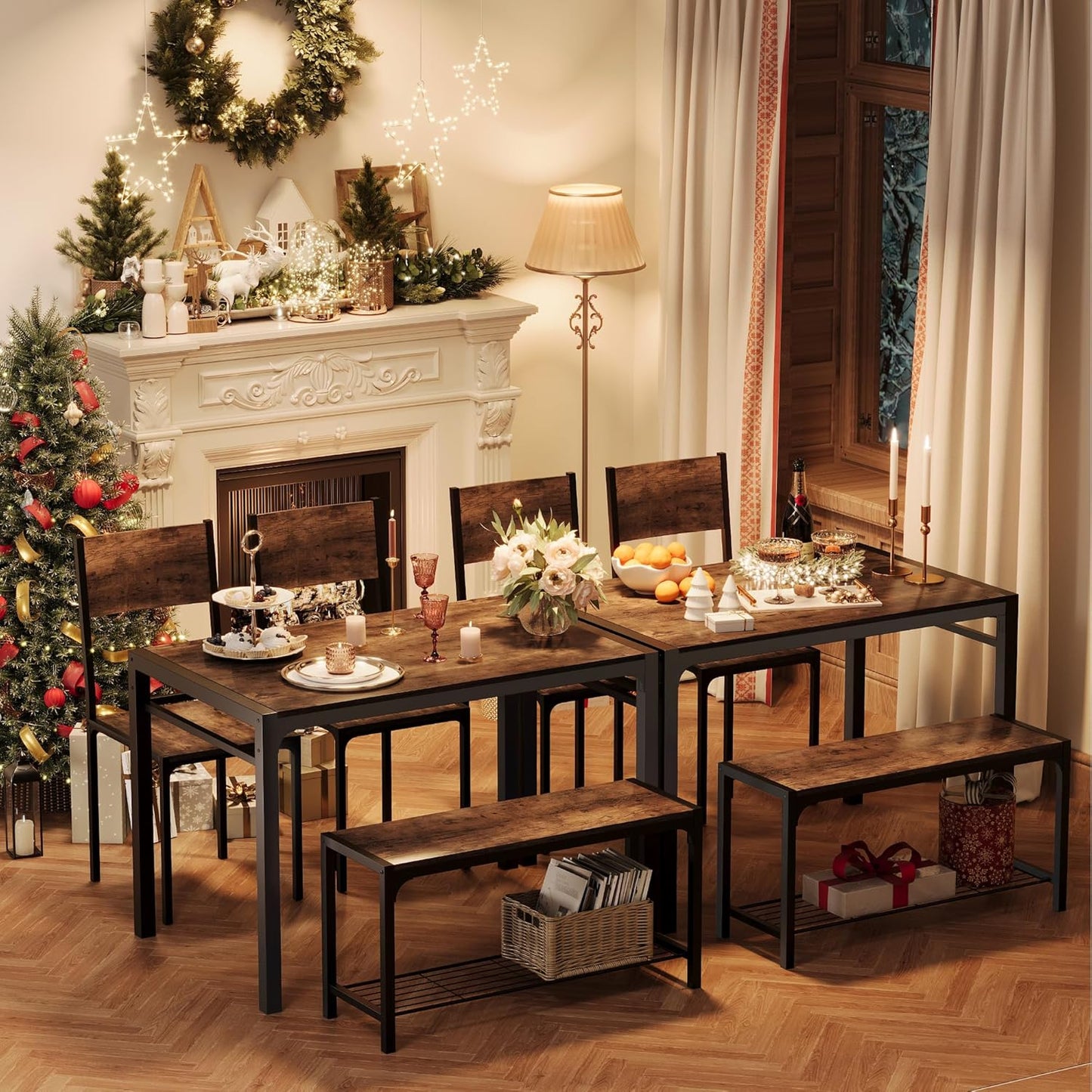 Shahoo Kitchen Table and 2 Chairs for 4 with Bench, 4 Piece Dining Sets for Small Space, Rust Brown