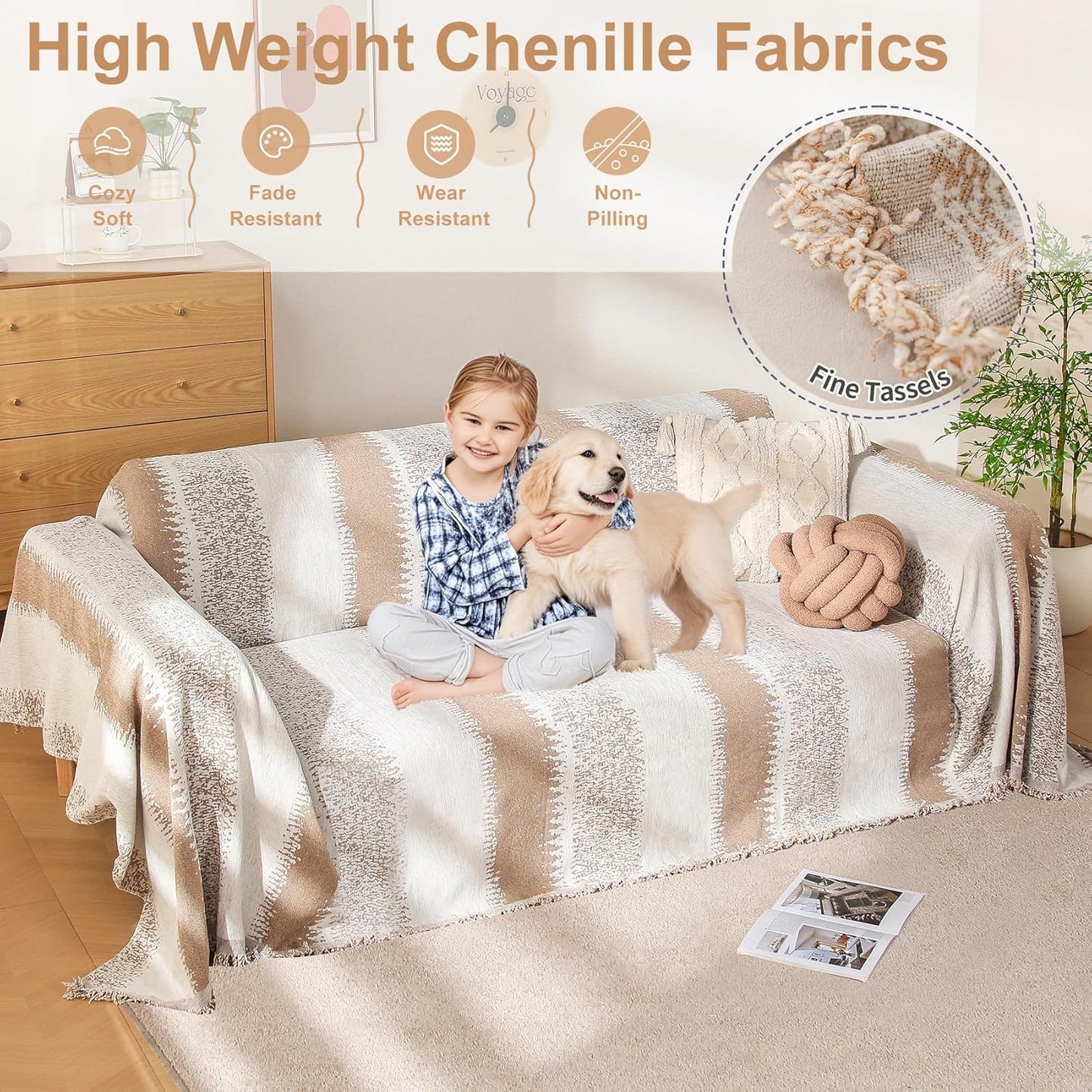 Boho Sofa Cover, Couch Covers for 3 Cushion Couch Sofa Pet Friendly, Sofa Cover Washable, Soft Chenille Living Room Couch Covers Slipcover, Pet Furniture Protecto(1# Khaki, 71" x 134")