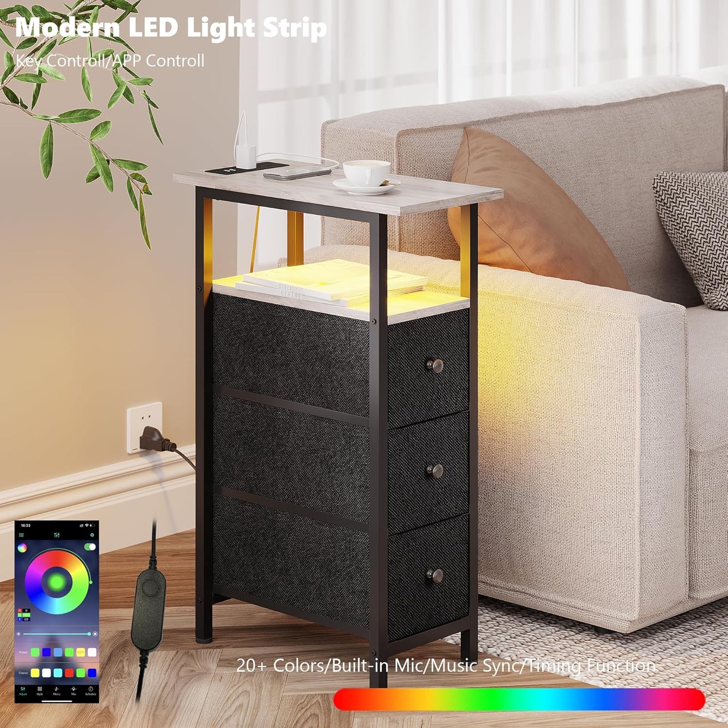 End Table with Charging Station, Narrow Side Table with 3 Fabric Drawers, Skinny Nightstand with LED Light, Slim Bedside Table for Bedroom, Living Room, Small Spaces, Greige and Black