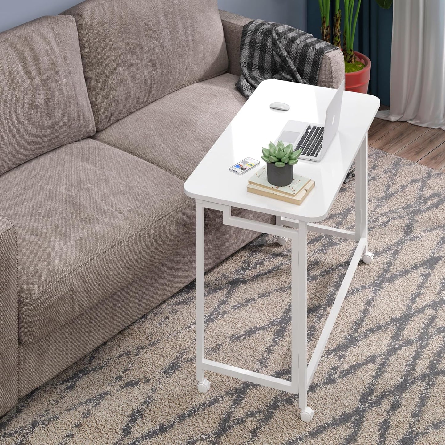 4NM 27.5" Mobile Small Rolling Computer Desk, Folding Laptop Cart Table with Wheels, Portable Office Desk for Small Space Couch Bed - All White