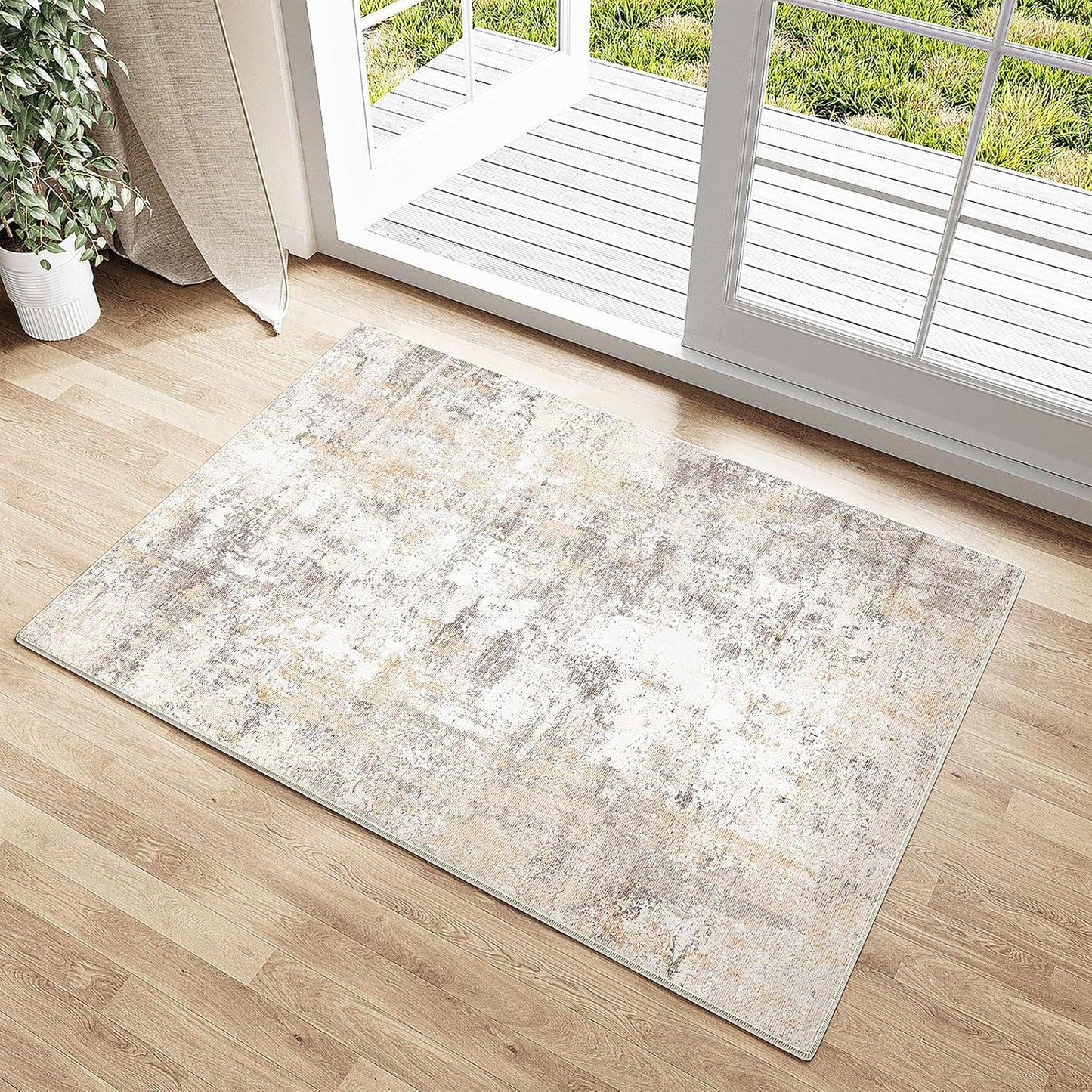 2x3 Washable Area Rug Beige Grey Neutral Abstract Entryway Kitchen Non Slip Low Pile Throw Rug Living Room Bedroom Indoor Doormat Small Soft Carpet for Entrance Bathroom