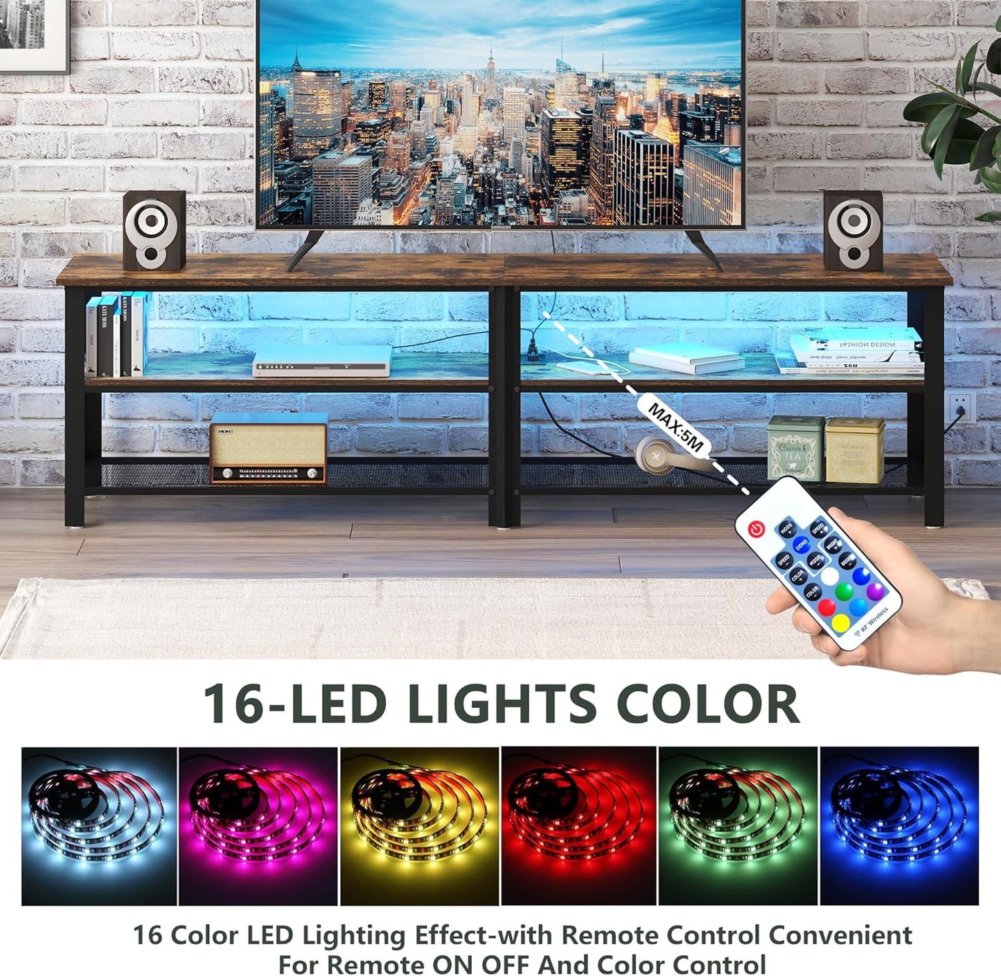 Clikuutory Modern Brown 63 inch Metal TV Stand with LED Lights and Power Outlets for 40 50 55 60 65 70 Inch TVs, 3 Tier Television Stands with Entertainment Center and Storage for Living Room, Bedroom