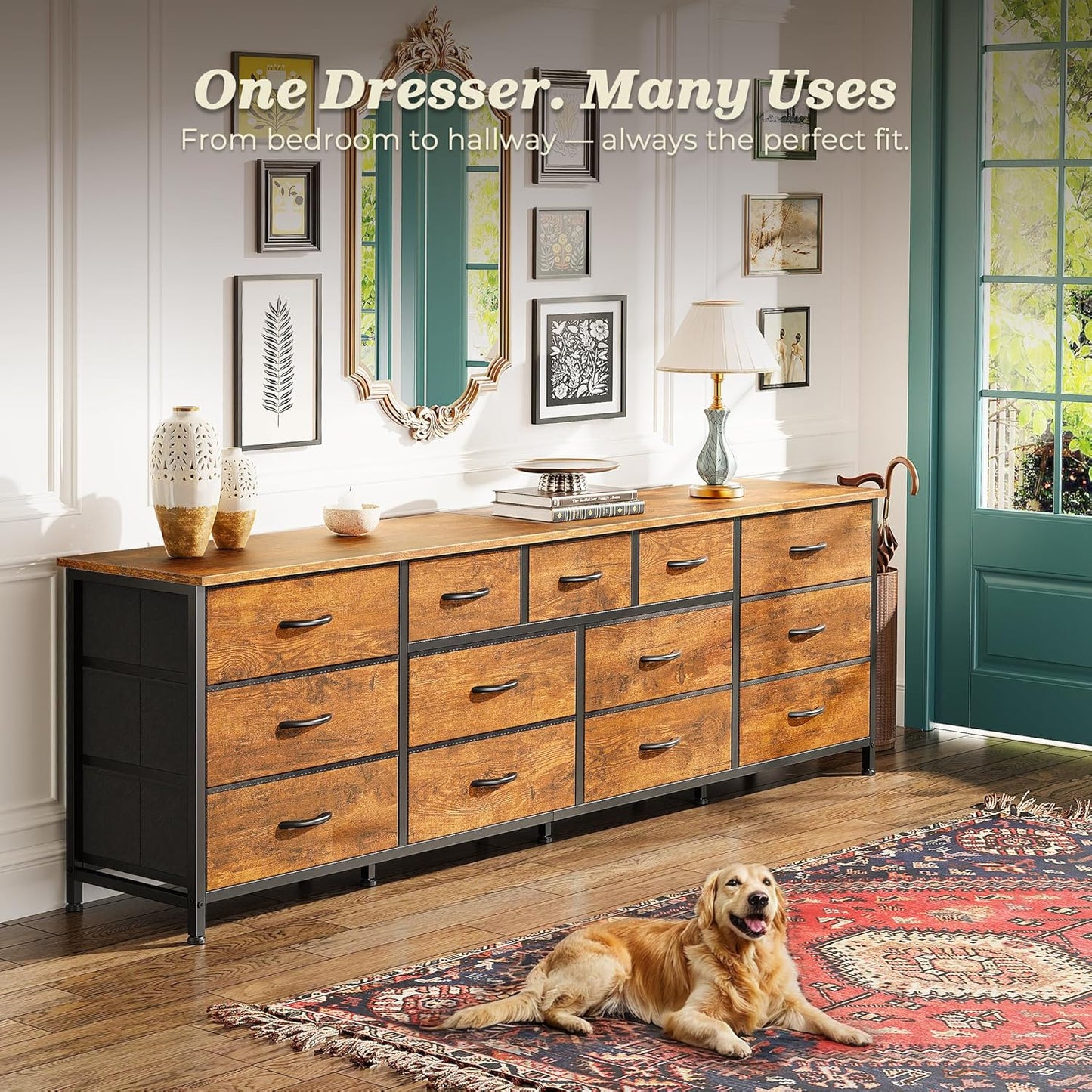 Huuger 70 Inch Dresser for Bedroom, TV Stand for 65, 75, 80 Inch TV, 13 Fabric Drawer Long Dresser, Large Entertainment Center for Bedroom, Wide Chest of Drawer with Storage, Retro Brown