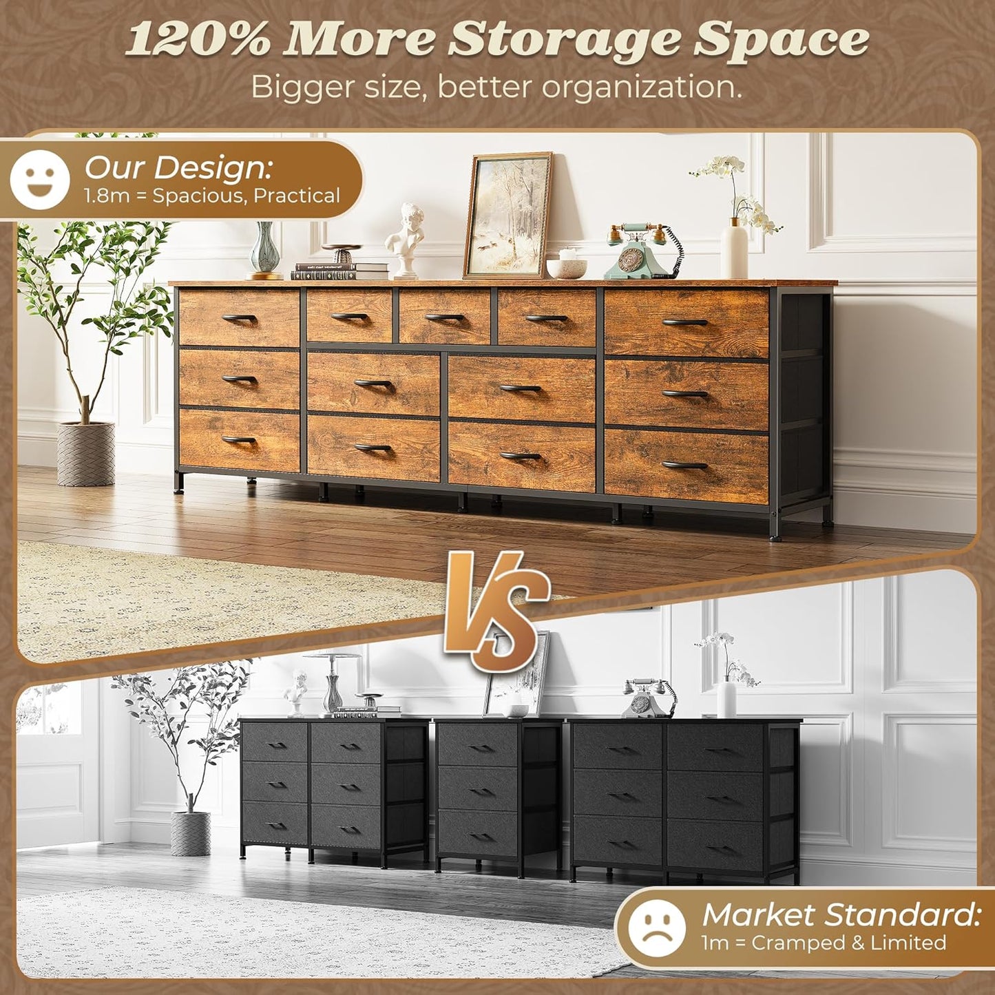 Huuger 70 Inch Dresser for Bedroom, TV Stand for 65, 75, 80 Inch TV, 13 Fabric Drawer Long Dresser, Large Entertainment Center for Bedroom, Wide Chest of Drawer with Storage, Retro Brown