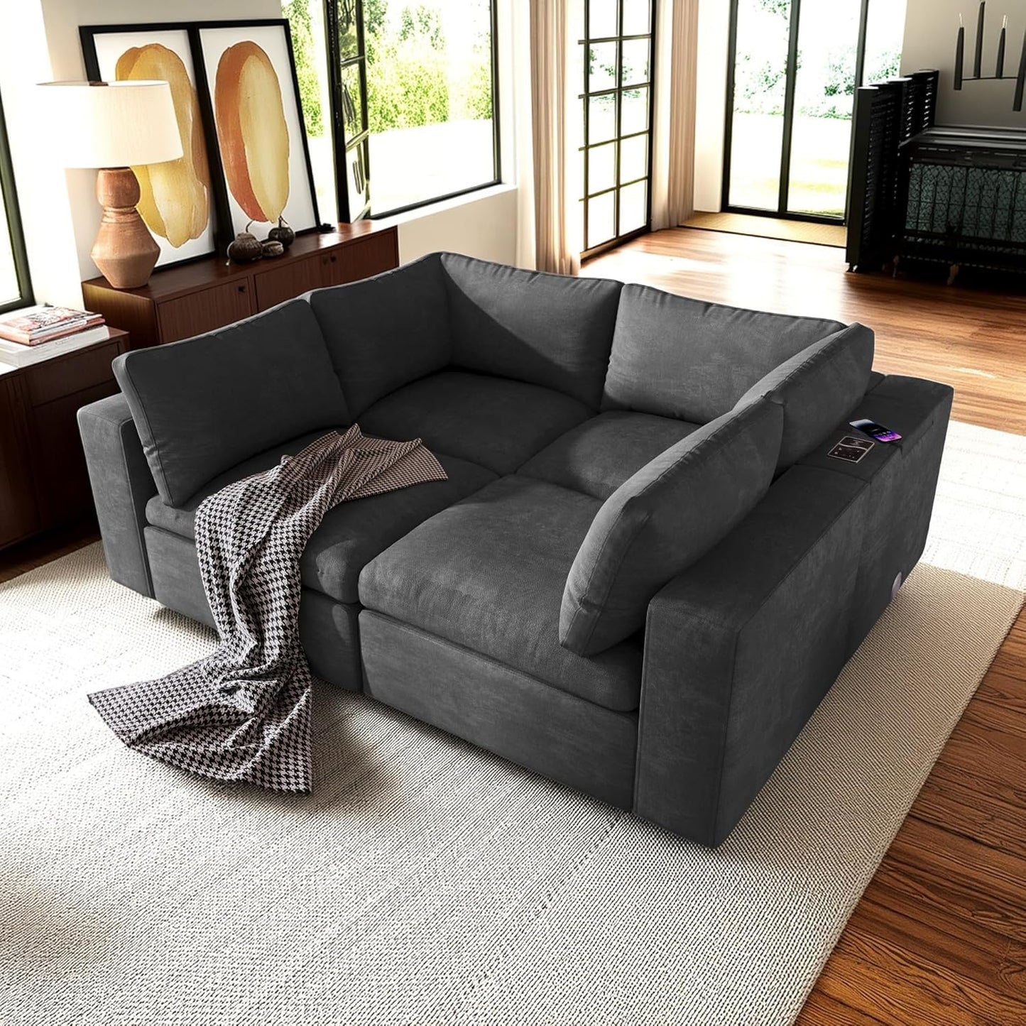 133.9 Inch Modular Convertible Sectional Sofa with Storage, USB Ports, Wireless Charging & Built-in Speaker in Arm, L-Shaped Upholstered Sleeper Couch for Living Room Office, Gray