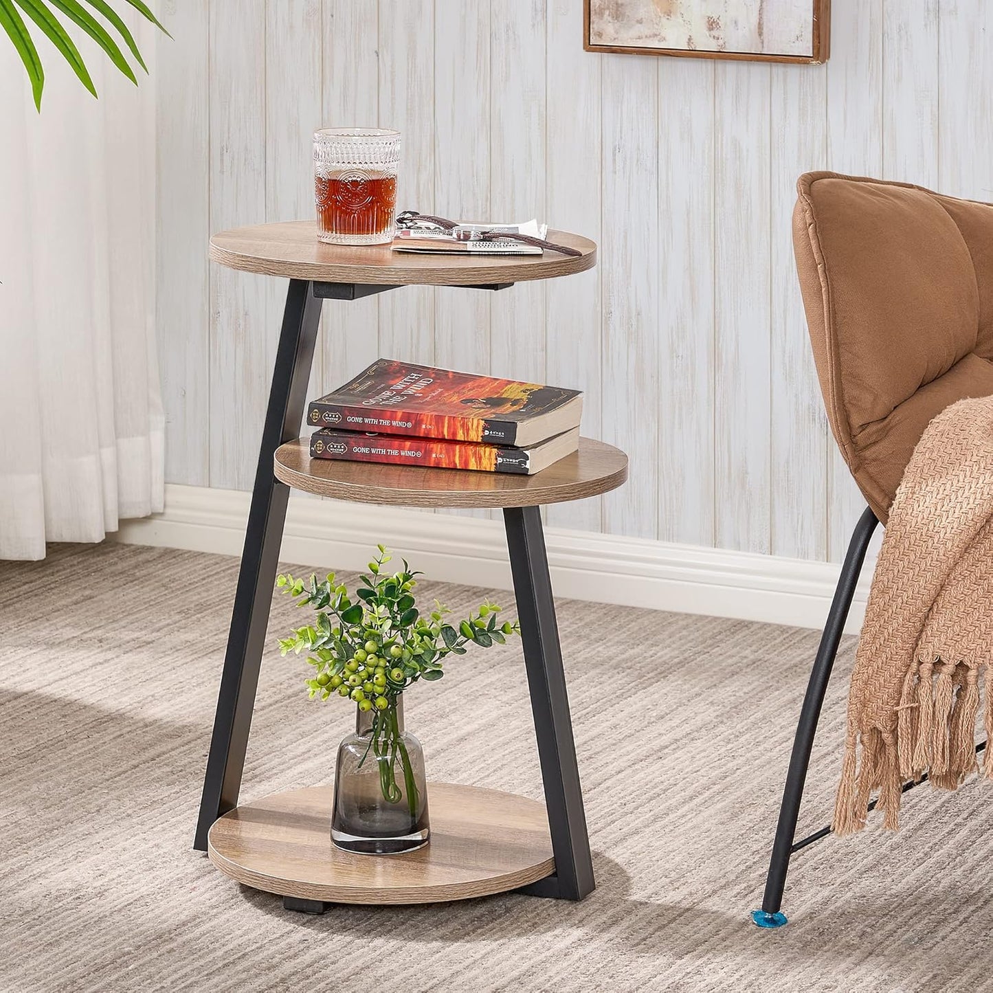BEWISHOME Round End Table Side Table with Metal Frame, Accent Table Nightstand Bedside Table with 3-Tier Shelves, Small Couch Coffee Table for Living Room Bedroom Greige KTZ41G