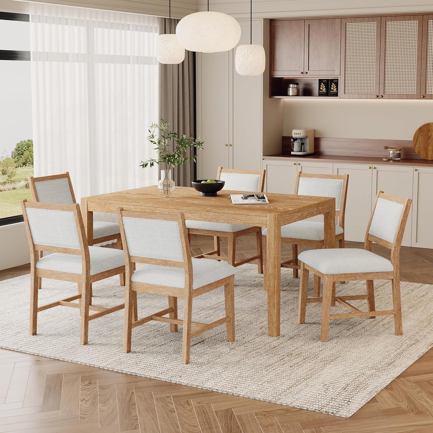 Merax 7 Pieces Retro Dining Set for 6, Rectangular Wood Dining Table with 6 Upholstered Chairs for Kitchen, Living Room, Natural