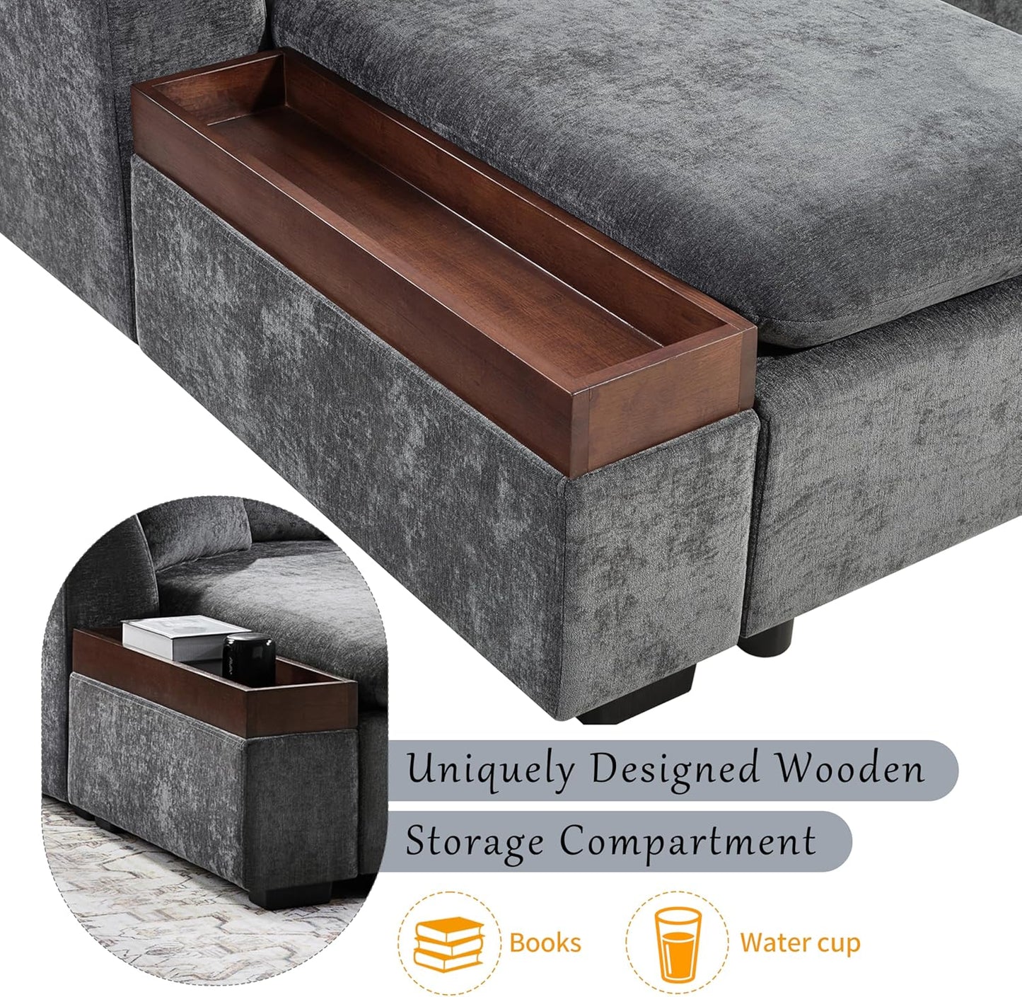 Merax 93.7" L-Shaped Sectional Sofa with Wooden Storage Compartment, Chenille Upholstered Deep Seating Sleeper Couch & Chaise Lounge and Throw Pillows for Living Room, Gray