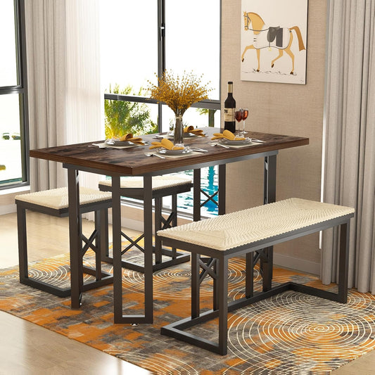 VECELO 43.3" Dining Table Sets, Farmhouse Small Kitchen Table for 4 with 3 Benches Wicker Mats,Metal Frame Space-Saving Adjustable Feets Coffee Table for Home Kitchen Dining, Dark Brown