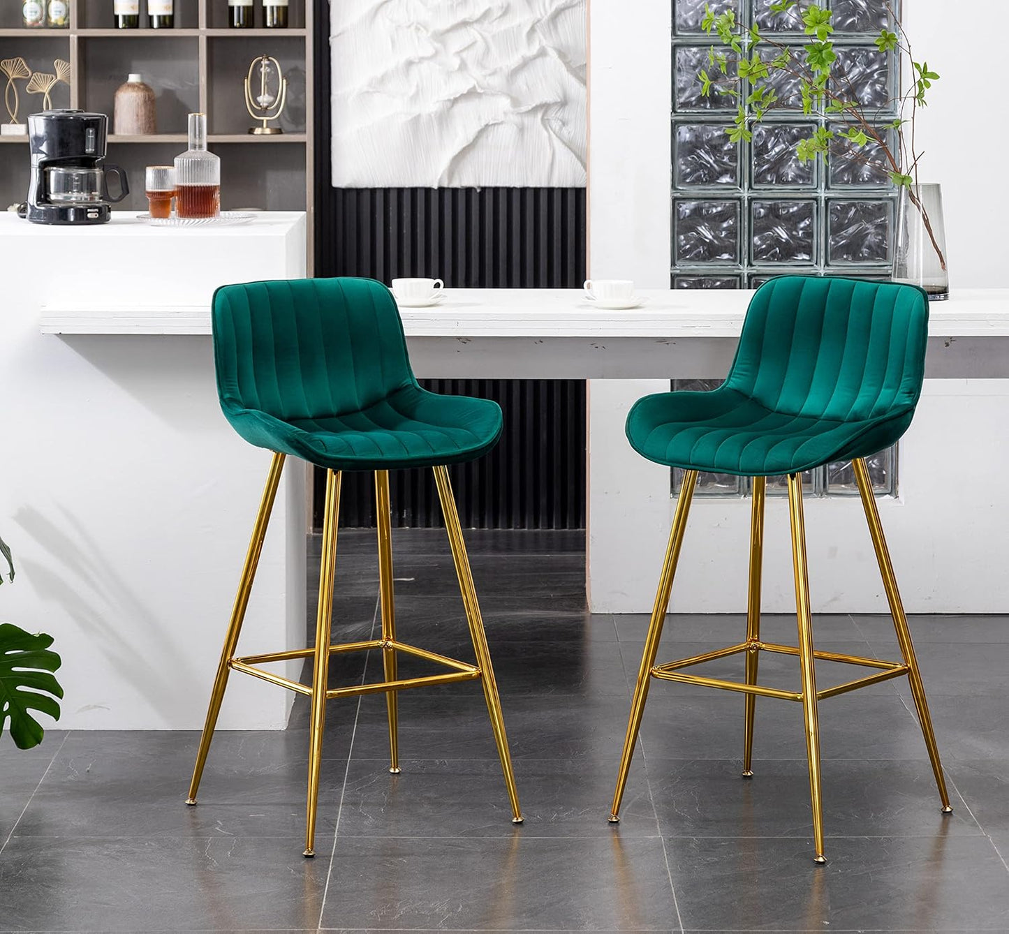 Sidanli Velvet Barstools Set of 2, Green Counter Height Bar Stools Set of 2 with Gold Legs, 29 inch Seat Height Comfortable Island Stools with Back