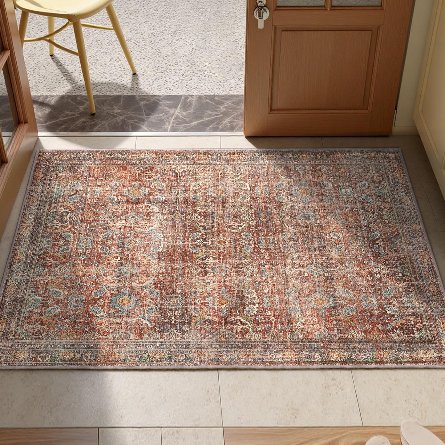 GENIMO 2x3 Area Rugs for Living Room, Machine Washable Non Slip Vintage Rugs, Low Pile Lightweight Chenille Print Rug for Bedroom, Dining Room, Home Office, Terracotta Indigo