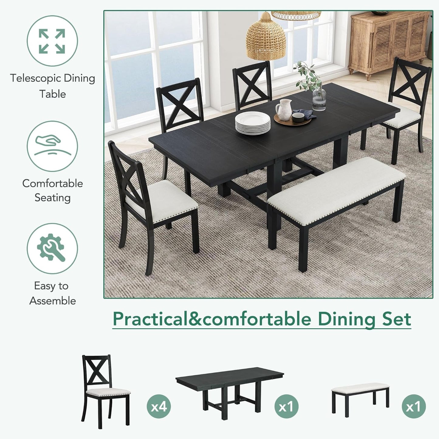 Ball & Cast Farmhouse 6 Piece Extendable Dining Table with Footrest,Living Room Furniture w/ 4 Upholstered Dining Chairs & Dining Bench,2 11" Removable Leaf,for Dining Room & Kitchen,Black+Beige