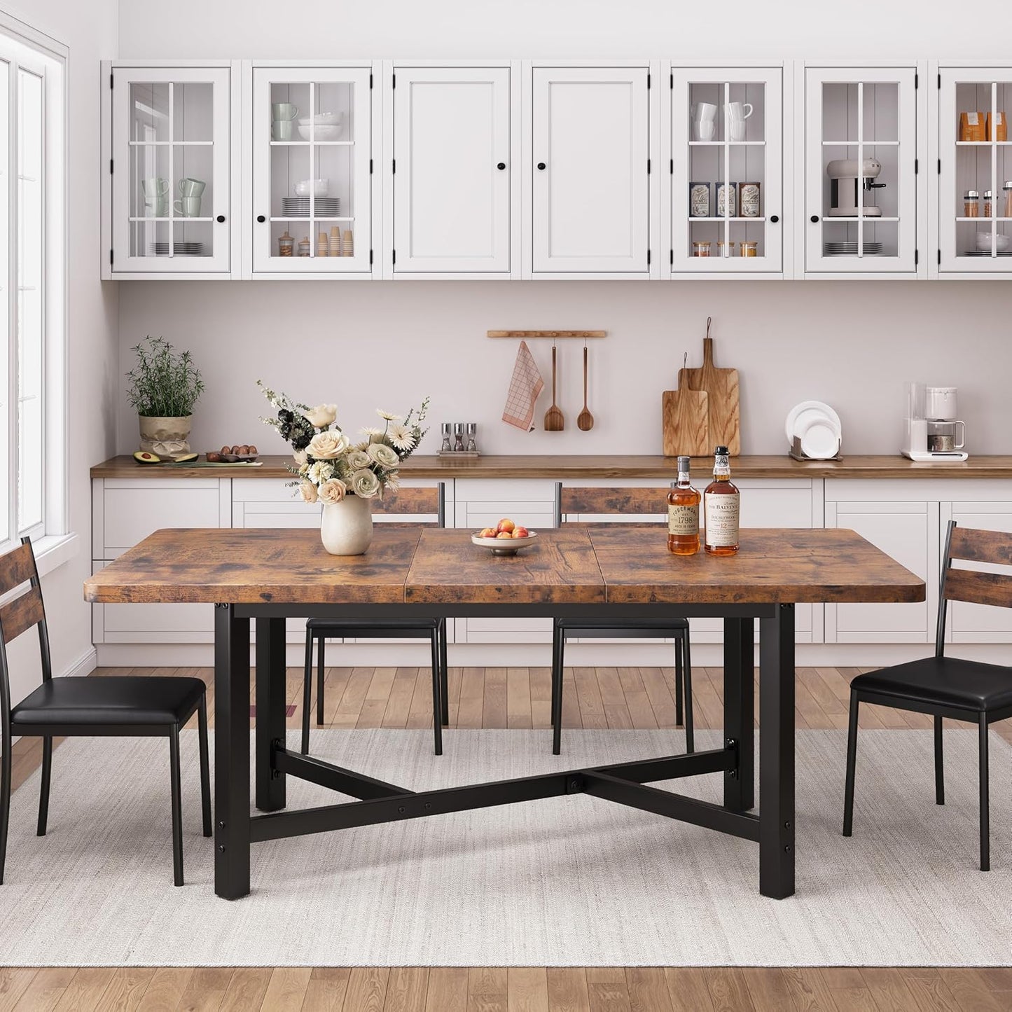 Dining Table for 4-6, 62“Extendable Kitchen Dining Room Table, Space Saving Rectangle Large Expandable Wood Dinner Furniture for Small Space, Brwon