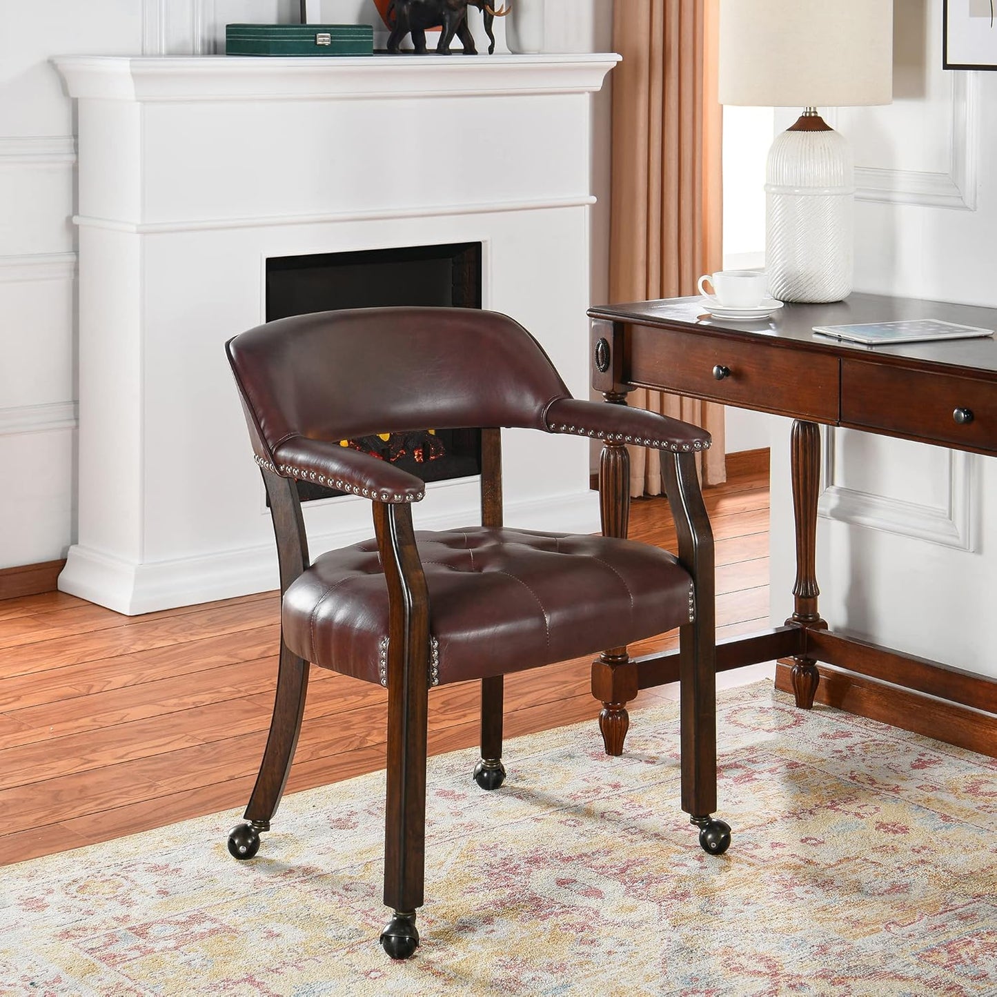 LEEMTORIG Dining Chairs with Casters and Arm, Large Rolling Dining Chairs with Wheel, Poker Table Chairs, Boss Caption's Chairs, 26"D x 25.2"W x 31.5"H, Espresso Legs & Wine Red Brown PU, XXY-1910-WR