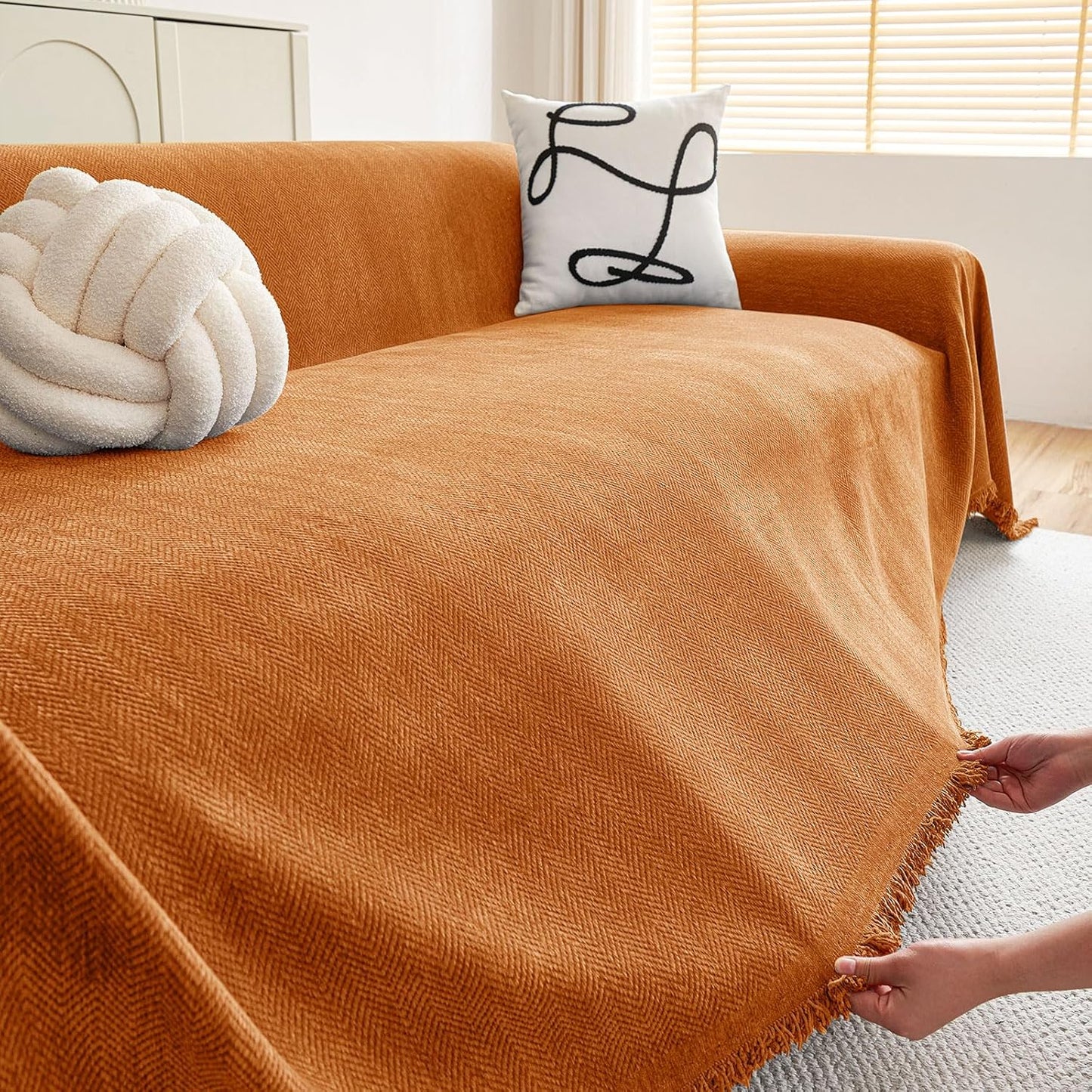 hyha Couch Cover for Dogs, Boho Sofa Covers for 3 Cushion Couch Washable, Chenille Sofa Slipcover for Pets, Soft Loveseat Sectional Couch Throw Blankets with Tassels (Orange, 88.5x134 Inch)