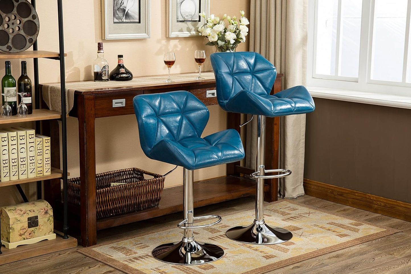 Roundhill Furniture Glasgow Contemporary Tufted Adjustable Height Hydraulic Blue Bar Stools, Set of 2,