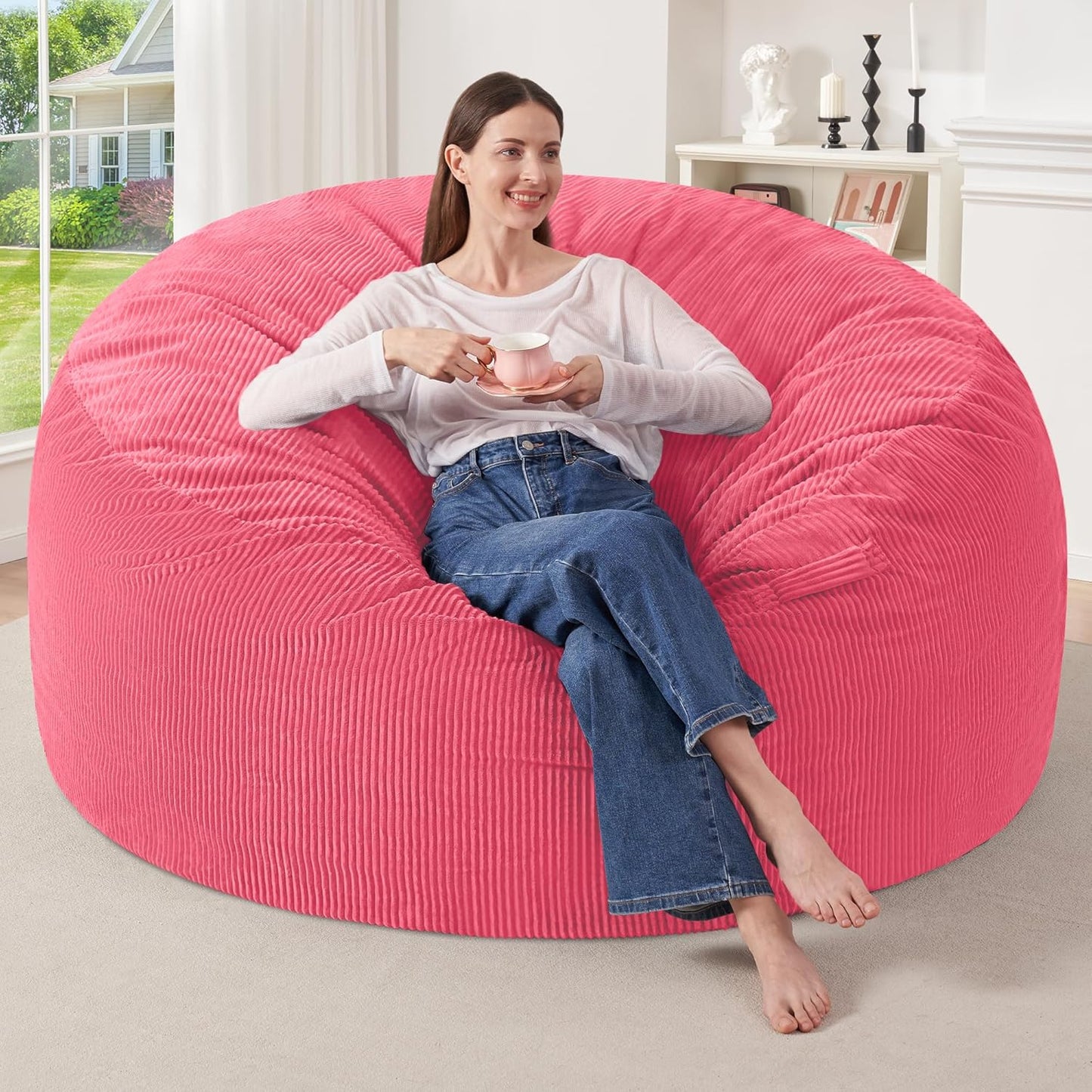 HABUTWAY 5FT Bean Bag Chair,Giant Bean Bag Chairs for Adults,Big Bean Bags with Memory Foam Filled, Large Beanbag Chairs with Soft Corduroy Cover-Pink