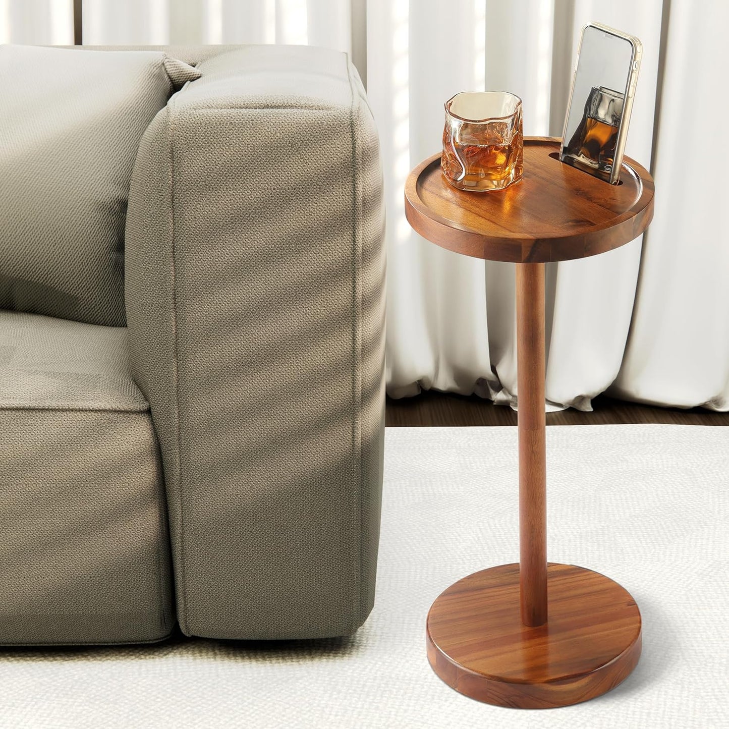 Pedestal Side Table, Acacia Drink Table with Weighted Base, Small Round Side Table for Small Spaces with Phone Holder, Martini & Cocktail Pedestal End Table for Living Room, RVs, Home Office