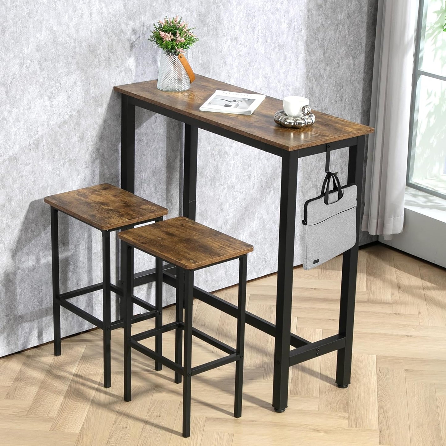 Finnhomy Bar Table Set, 39.3" Pub Table High Top Table, Rectangular Bar Height Table, Bar Table with Stools, Kitchen Table Set for 2, Industrial Breakfast for Kitchen, Living Room, Rustic Brown