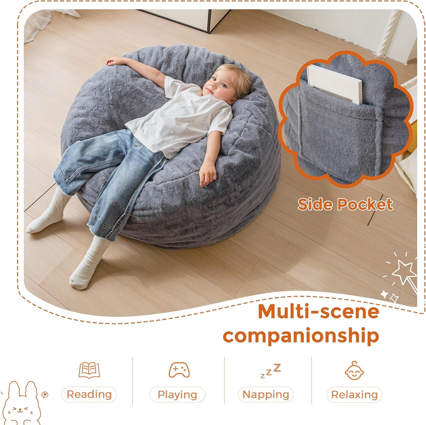 MAXYOYO Kids Bean Bag Chair, Stuffed Faux Fur Bean Bag for Toddler, Ultra Soft Floor Sofa with High-Density Foam Filling, Lazy Chair for Living Room, Playroom, Nursery Room