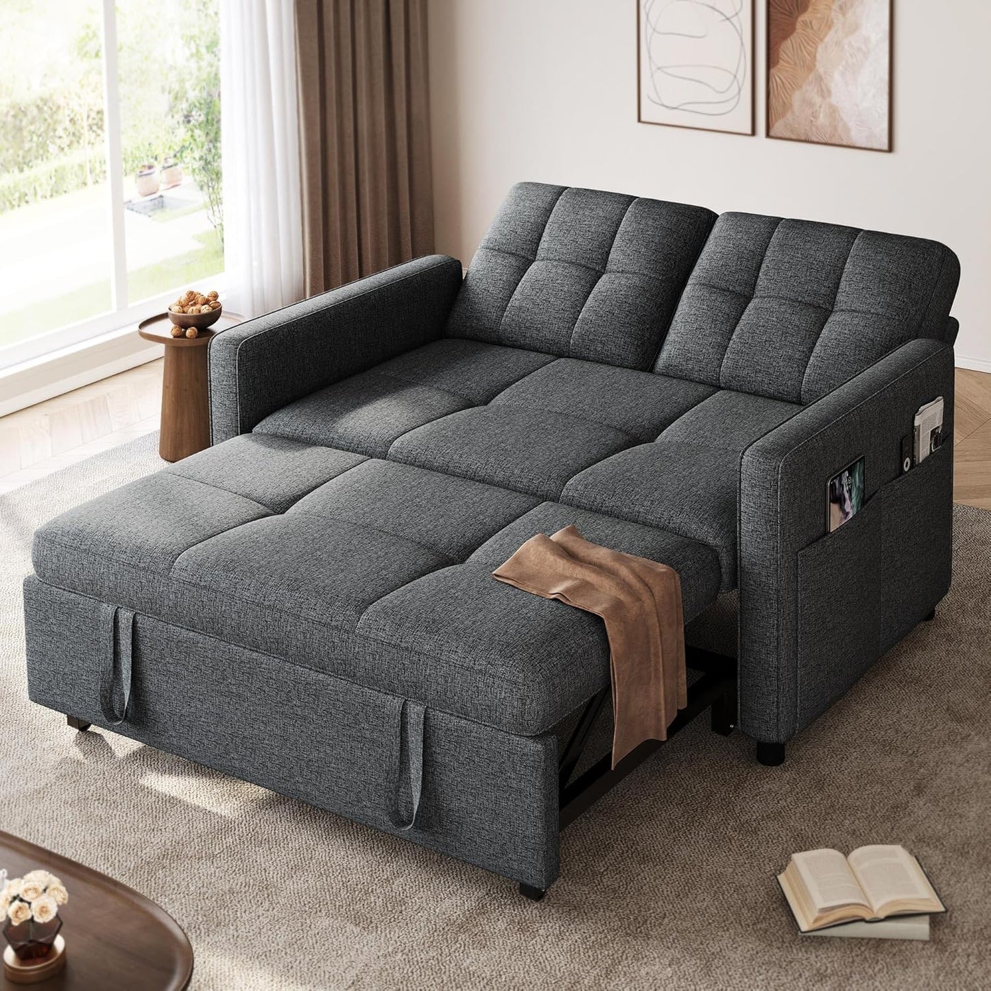 DWVO 55" Convertible Sofa Bed, 3-in-1 Sleeper Sofa with Pull-Out Bed, Linen Futon Couch with Adjustable Backrest and Side Pocket, Modern Loveseat for Living Room Apartment, Grey