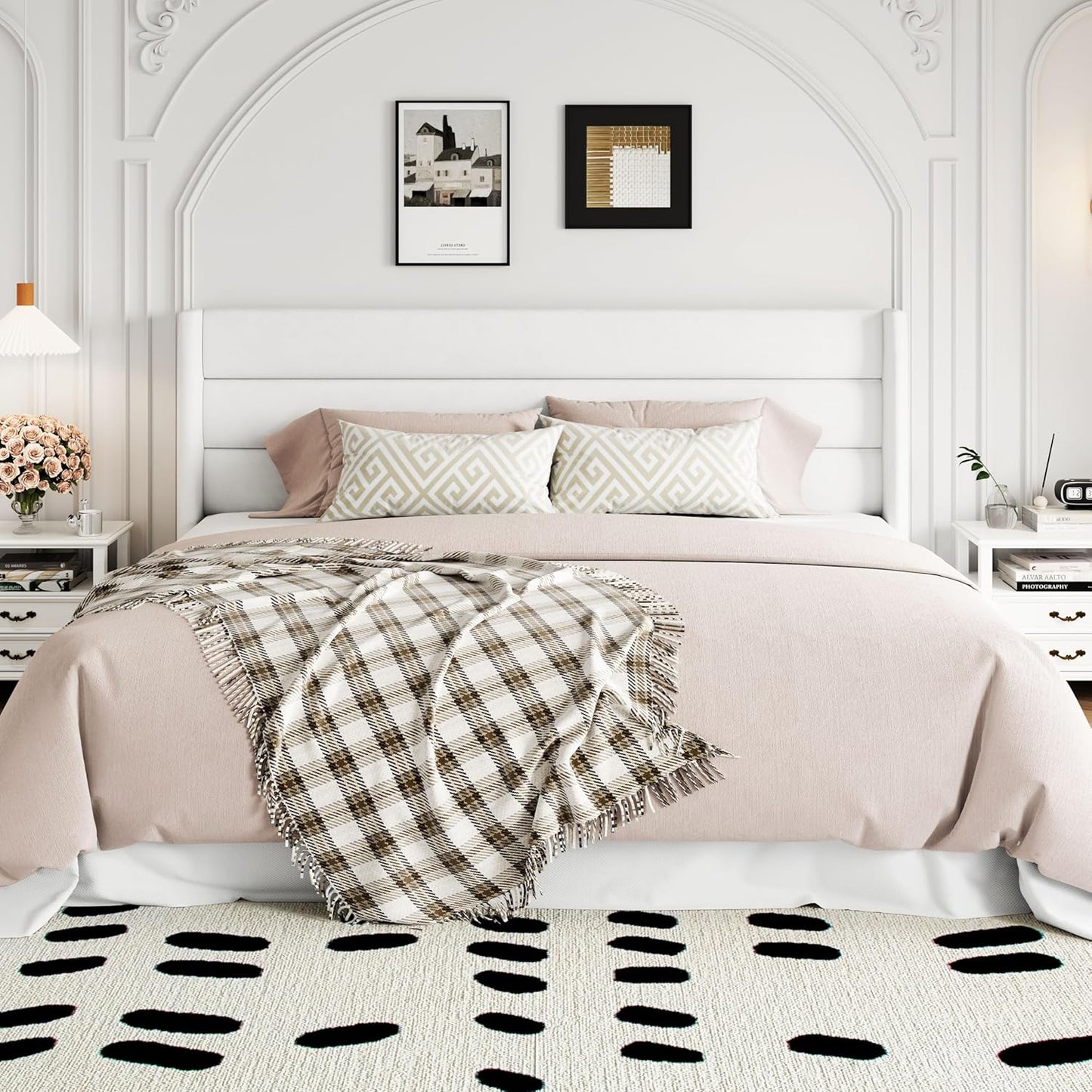 Allewie King Size Velvet Lift Up Storage Bed, Modern Wingback Headboard, Hydraulic Support, No Box Spring Needed, White