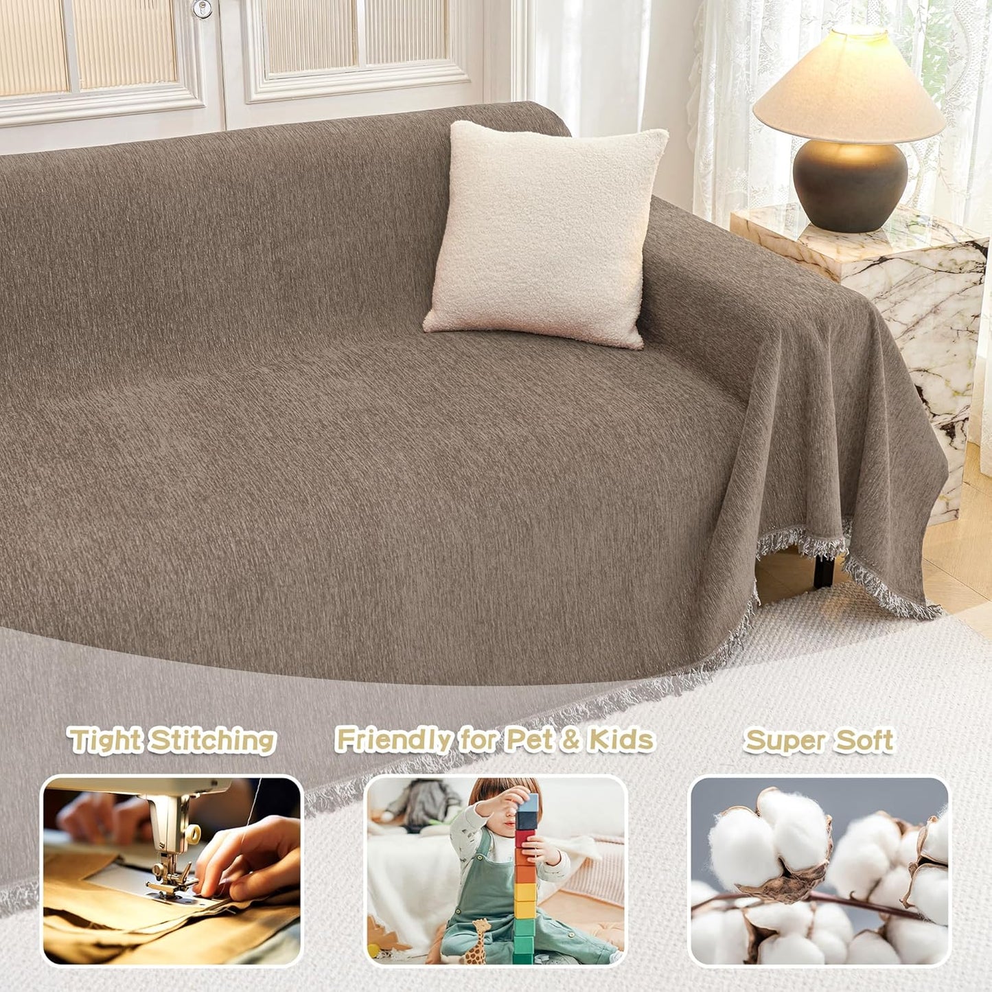 MYSKY HOME Couch Cover Sofa Covers Couch Covers for 3 Cushion Couch Sofa Pet Friendly, L Shaped Couch Cover Sectional Couch Covers Non Slip Dogs Furniture Protector for Kids, Dogs, 91"x134", Sand