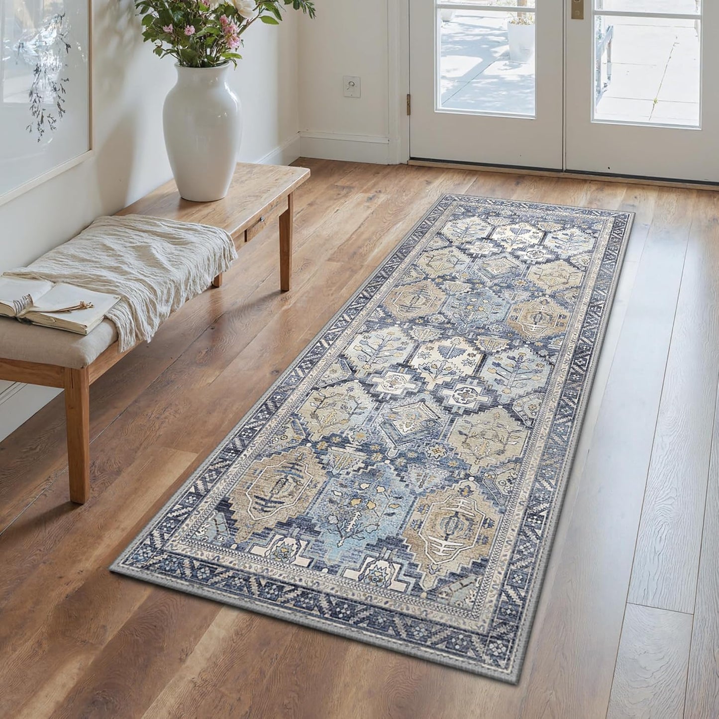 GENIMO 2x5 Runner Rugs for Hallway, Machine Washable Non Slip Vintage Rugs, Low Pile Lightweight Soft Print Rug for enrtyway, Corridor, Home Office, Kitchen, Brown Blue