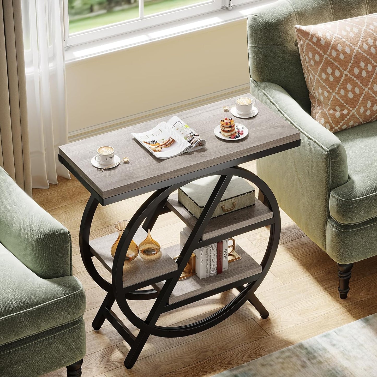 LITTLE TREE End Table, Narrow Side Table with 4-Tier Large Storage Space, Modern Bedside Table for Living Room, Home Office, Bedroom, Grey