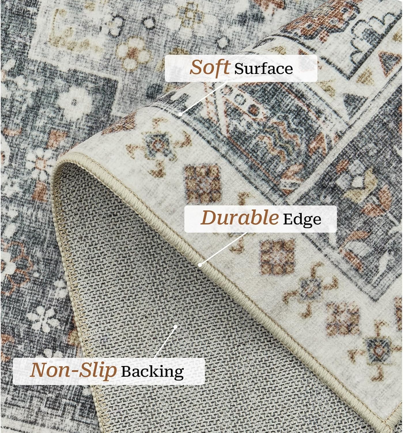 zesthome 6x9 Area Rug, Super Soft Washable Rugs for Living Room, Non-Slip Stain Resistant Vintage Rugs, Ultra-Thin Large Area Rugs (Grey/Orange,6'x9')
