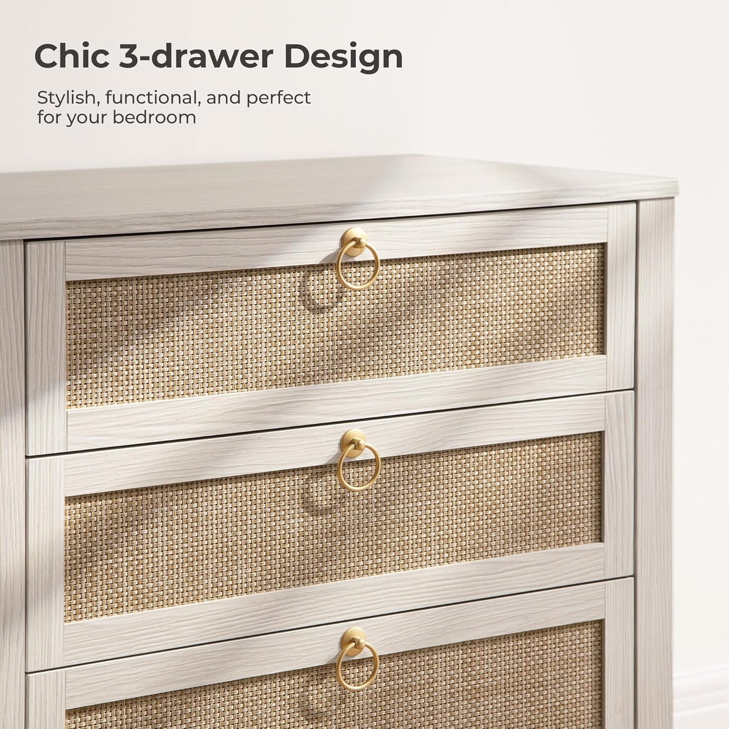 SICOTAS White Night Stand with Drawers - Large Rattan Bedside Table with Golden Handle, 3 Drawers Nightstand Tall End Table Side Table Boho Nightstand for Bedroom