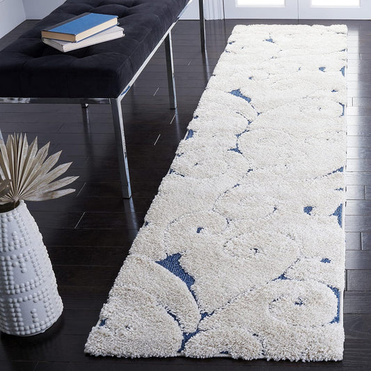 SAFAVIEH Florida Shag Collection Runner Rug - 2'3" x 9', Cream & Blue, Scroll Design, Non-Shedding & Easy Care, 1.2-inch Thick Ideal for High Traffic Areas in Living Room, Bedroom (SG455-1165)