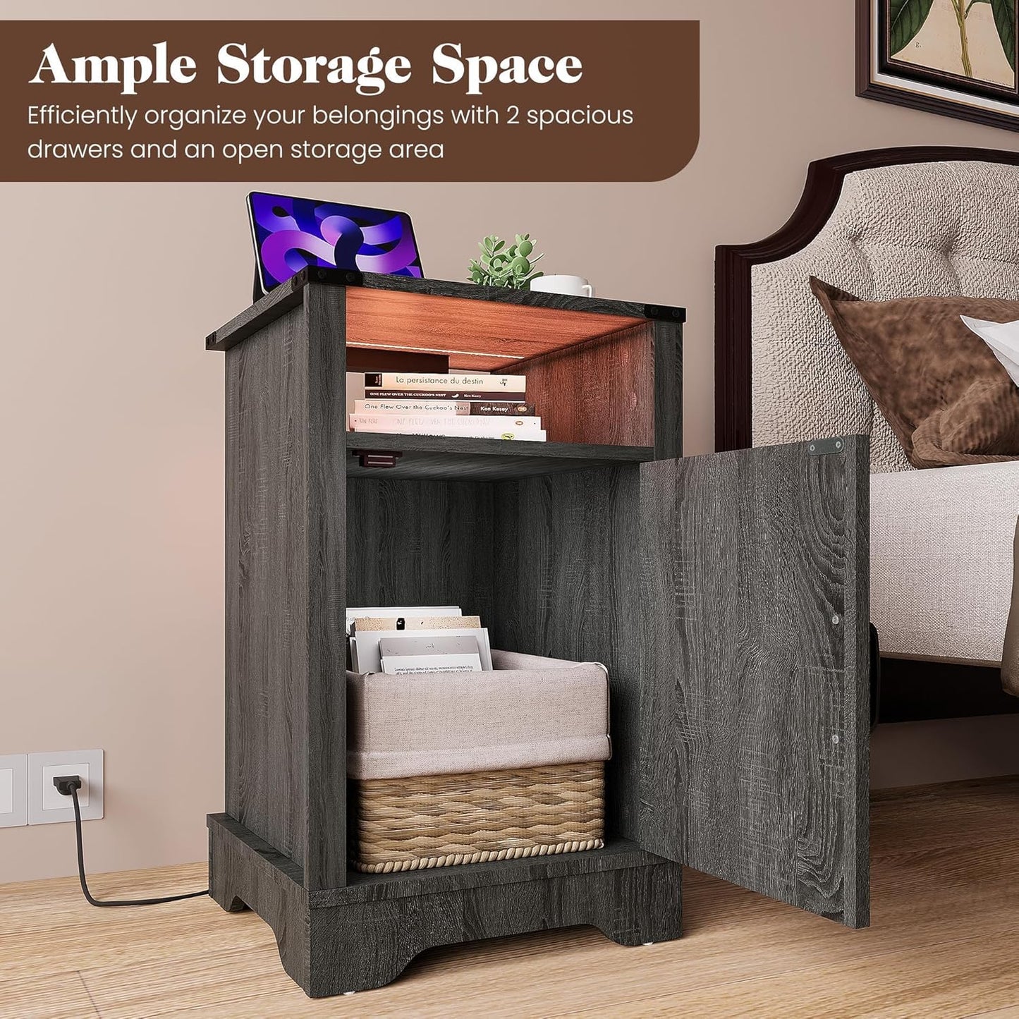 RoyalCraft Farmhouse Nightstand, Grey Night Stand with LED Lights and Charging Station, Bedside Table Set of 1 with Storage and Door, Wood End Table for Bedroom, Home Office, Dark Grey