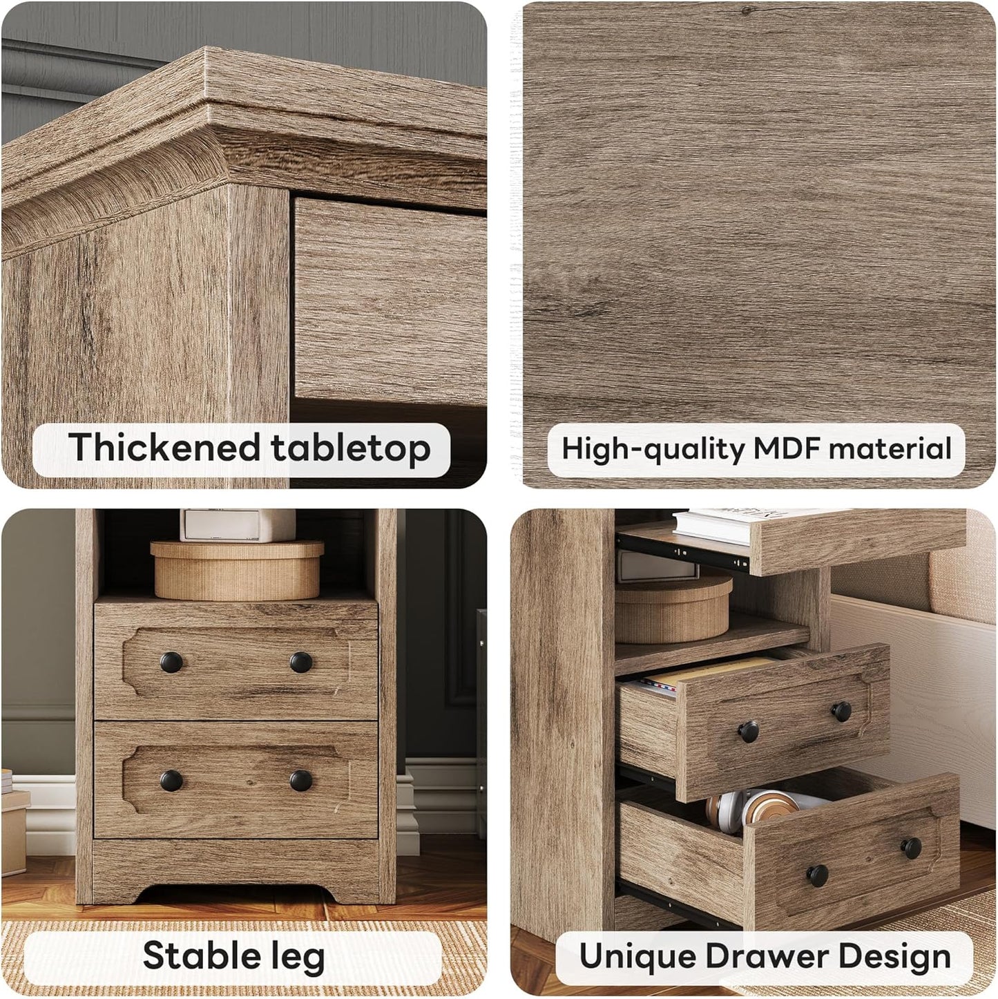 LIKIMIO Night Stand, Modern Bedside Table with 2 Drawers, Open Shelf, End Table with Pull-Out Tray, Wood SideTable, Grey Oak