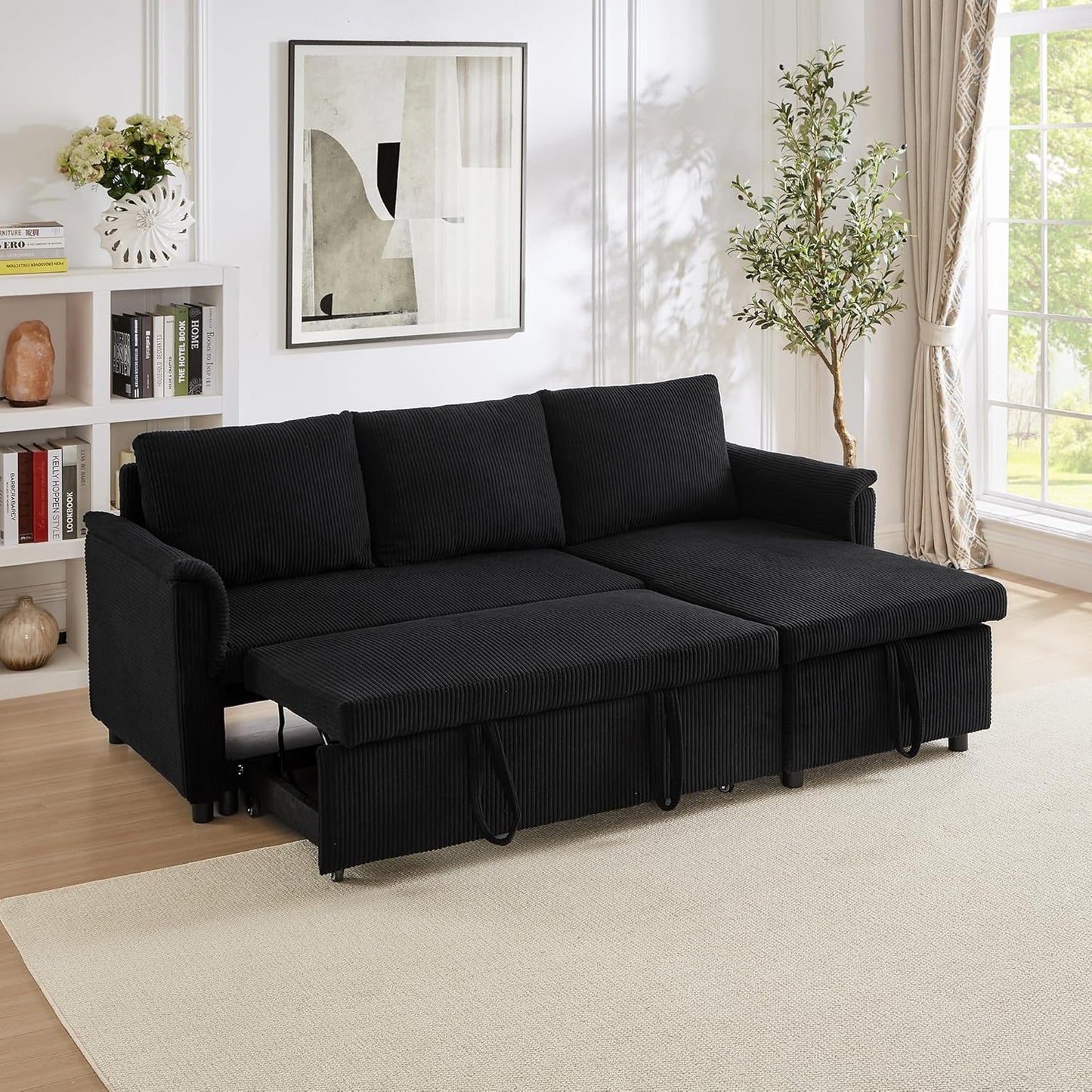 Ball & Cast L-Shape Reversible Sectional Sleeper Sofa Bed 4 in 1 Pull Out Couch with Storage Chaise&Removable Backrest,Convertible Sleeper Corner Couch Pull-Out Sofa Bed for Living Room,Corduroy,Black