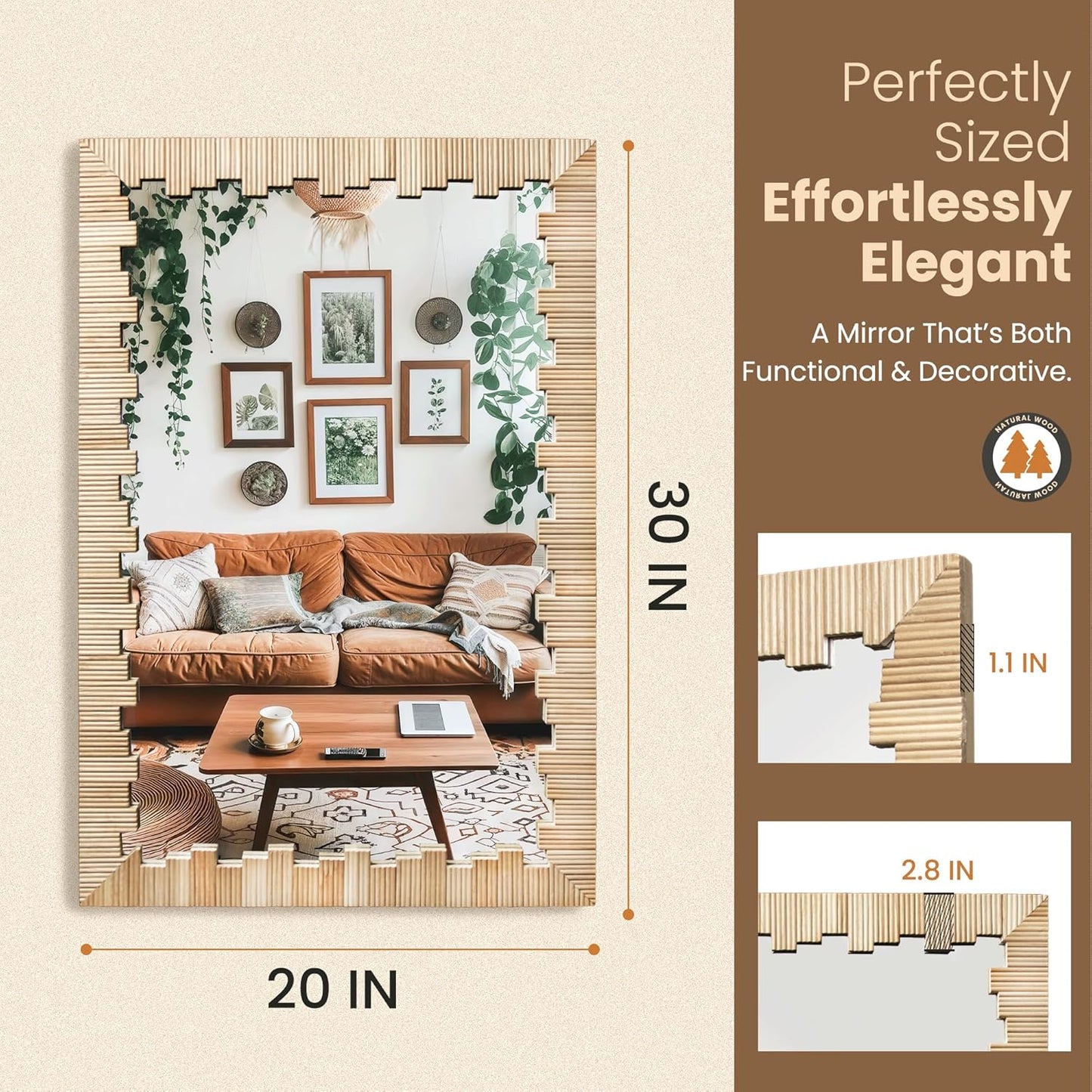 Boho Wall Mirror with Wood Frame, 30"x20" Faux Rattan Decorative Vanity Mirror for Bathroom, Living Room, Bedroom, Entryway(Rectangle)