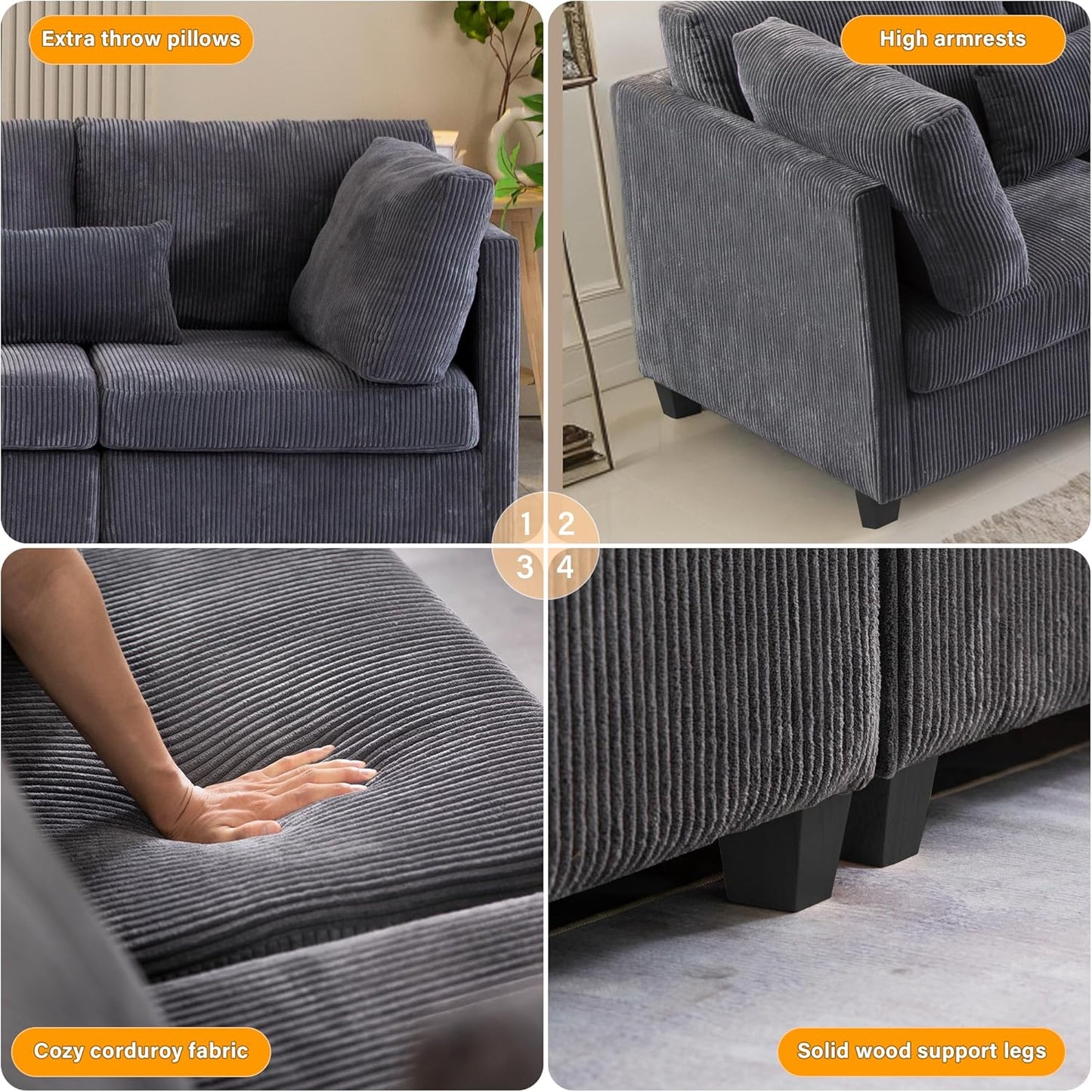 126" Convertible L-Shaped Modular Sectional Sofa, 4 Seater Corduroy Upholstered Corner Sofa Couch with Extra Wide Deep Seat, DIY Combination Lounger Sofa with Solid Wood Legs for Living Room Office