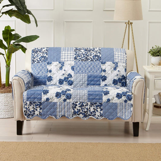 Great Bay Home Patchwork Scalloped Printed Furniture Protector Stain Resistant Loveseat Cover (Loveseat, Navy)