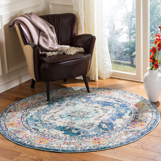 SAFAVIEH Monaco Collection Area Rug - 5' Round, Navy & Light Blue, Boho Chic Medallion Distressed Design, Non-Shedding & Easy Care, Ideal for High Traffic Areas in Living Room, Bedroom (MNC243N)