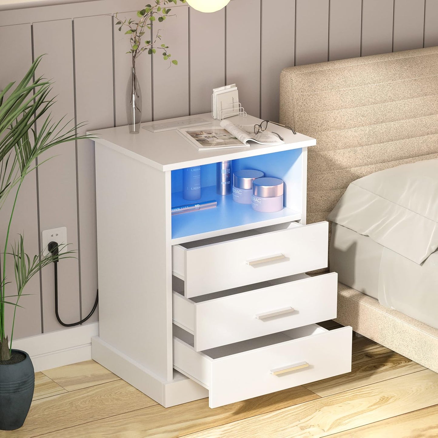 Nightstand with Charging Station, LED Lights Side Table with 3 Drawers, End Table for Bedroom Office White