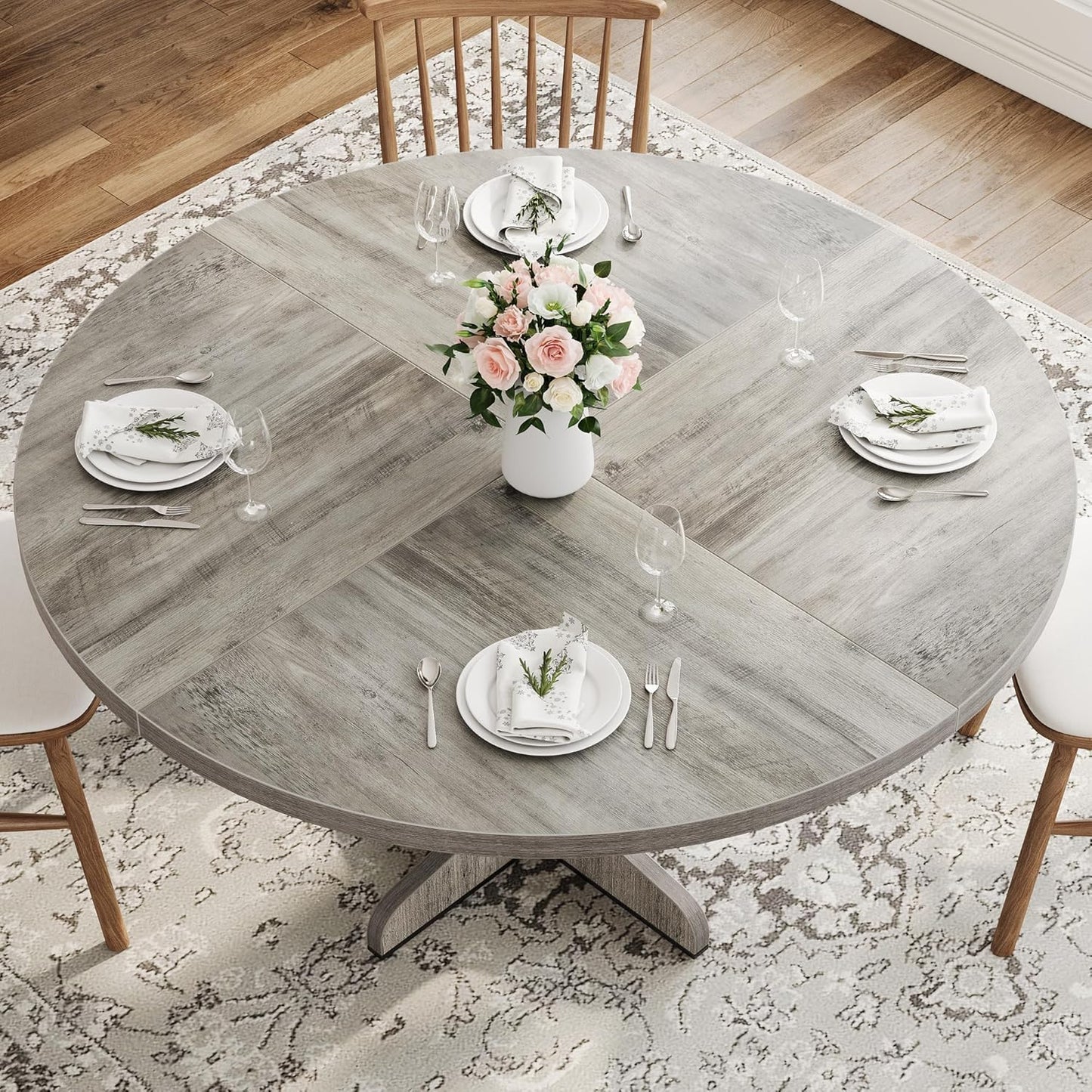 GarveeHome Round Dining Table for 4, 47 Inch Farmhouse Circle Kitchen Table with Wood Tabletop and Stable Base, for Home Dining Room Living Room, Grey (Only Table)
