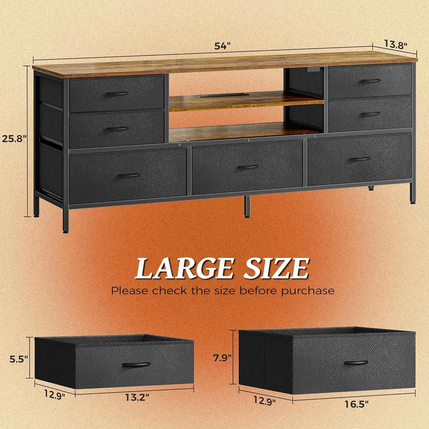 Huuger TV Stand Dresser with Power Outlets and LED Lights, 7 Drawers Entertainment Center for 60 Inch TV, TV Console with Open Shelf, 55 Inches Wide Fabric Dresser, PU Leather, Rustic Brown and Black