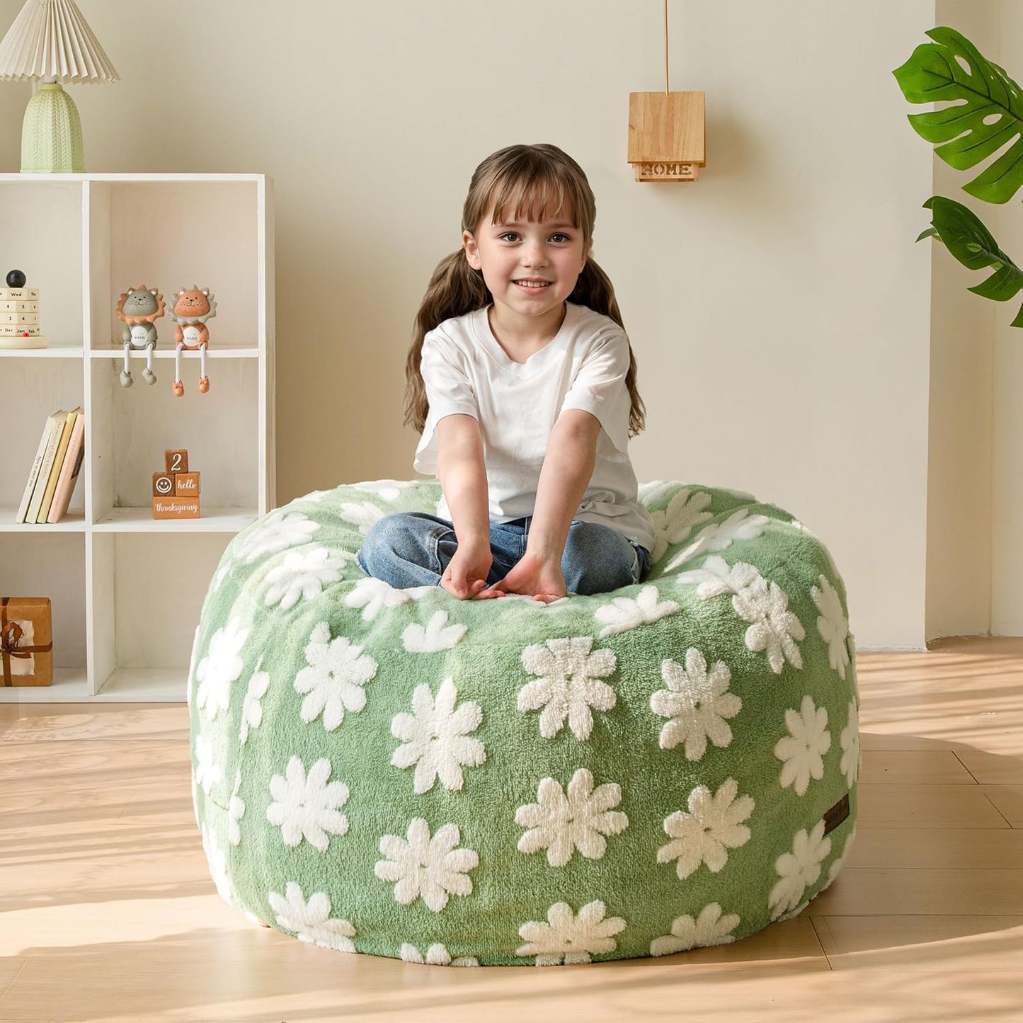 MAXYOYO Bean Bag Chair for Kids, Floral Pattern Lazy Chair with High-Density Foam Filling, Stuffed Floor Sofa Couch for Boys and Girls, Child Floor Sofa for Gaming, Reading, Green