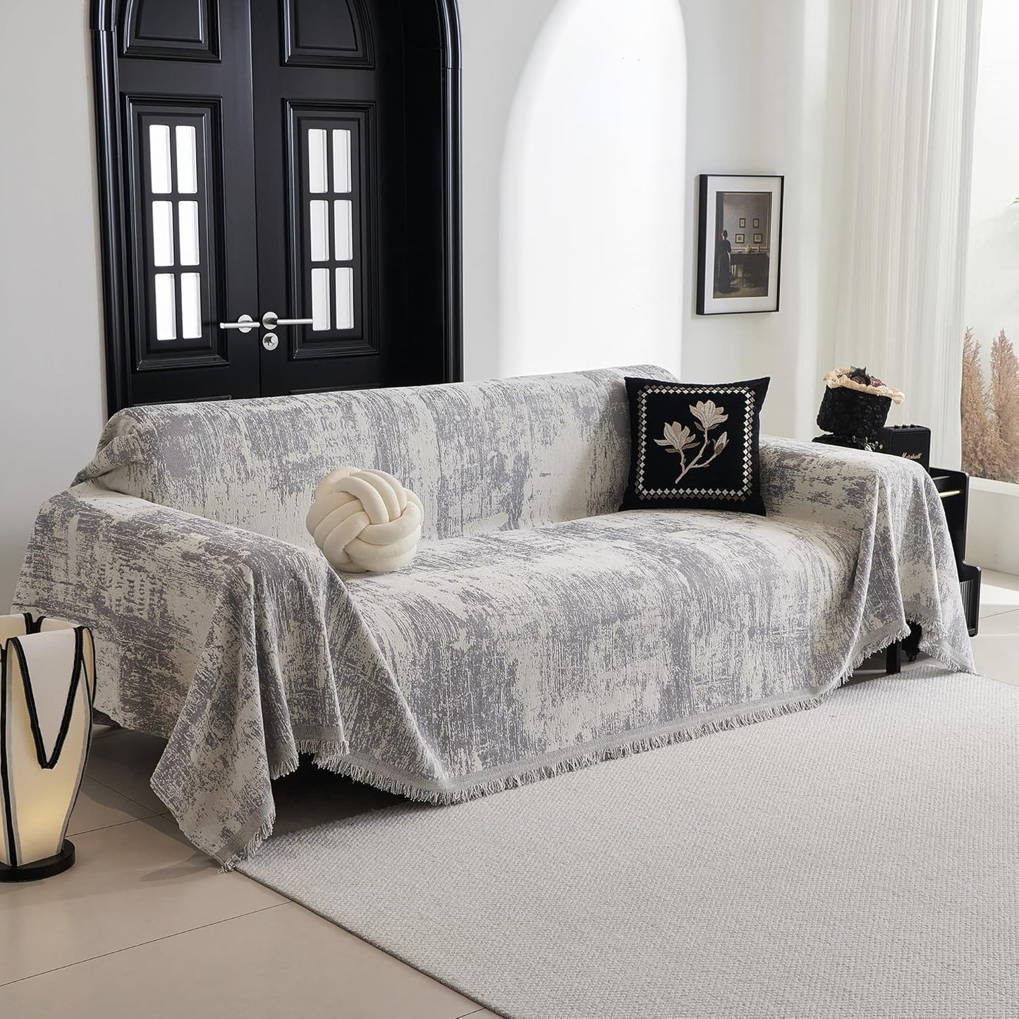 MYSKY HOME Sectional Couch Cover Sofa Covers for Sectional Sofa L Shape Chenille Couch Protector Grey Geometric for Dogs Pets Couch Throw Cover Washable Durable for Home Decor, 91" X134"