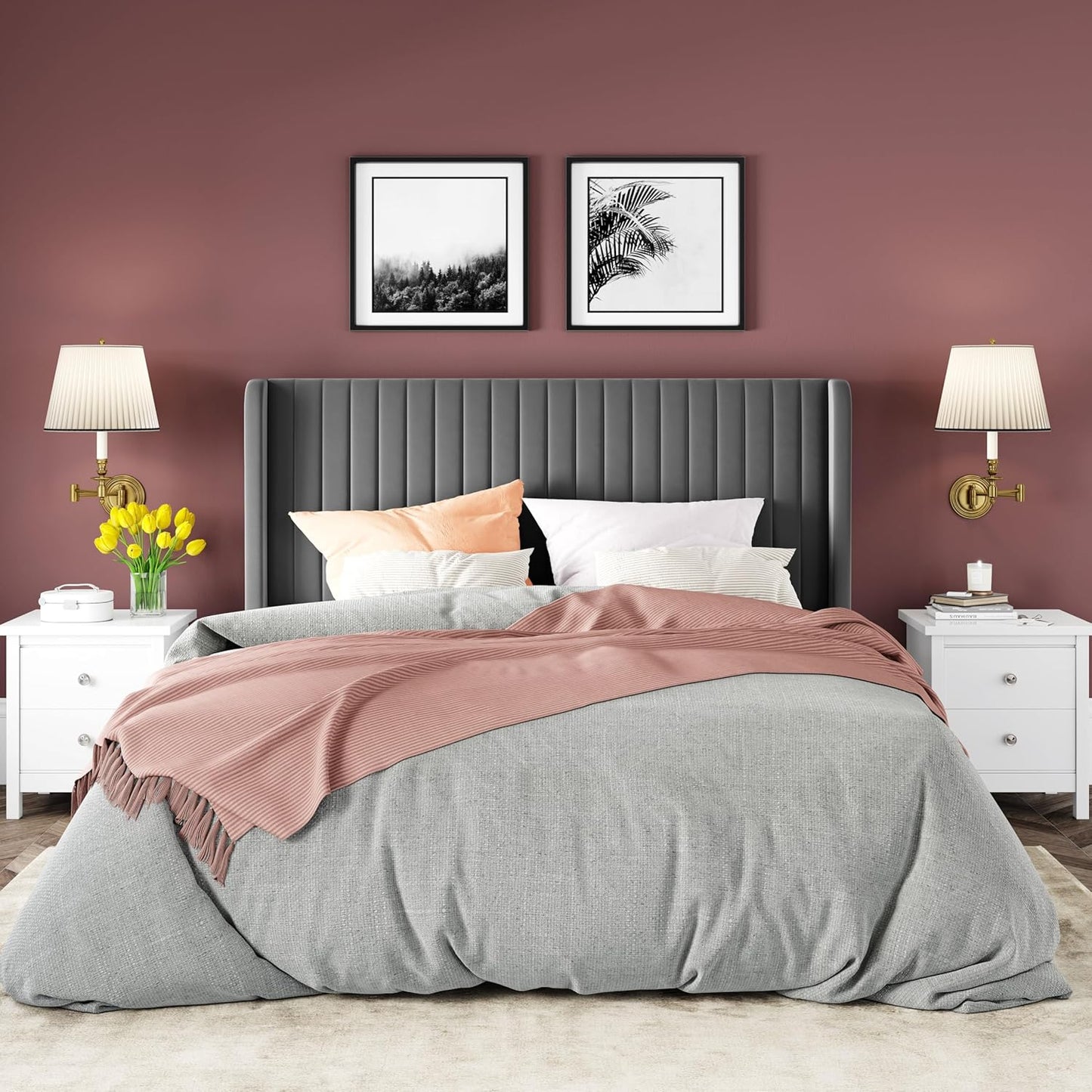 Allewie Queen Size Velvet Bed Frame/Vertical Channel Tufted Wingback Headboard/Upholstered Platform Bed/Strong Wooden Slats/No Box Spring Needed/Easy Assembly/Grey