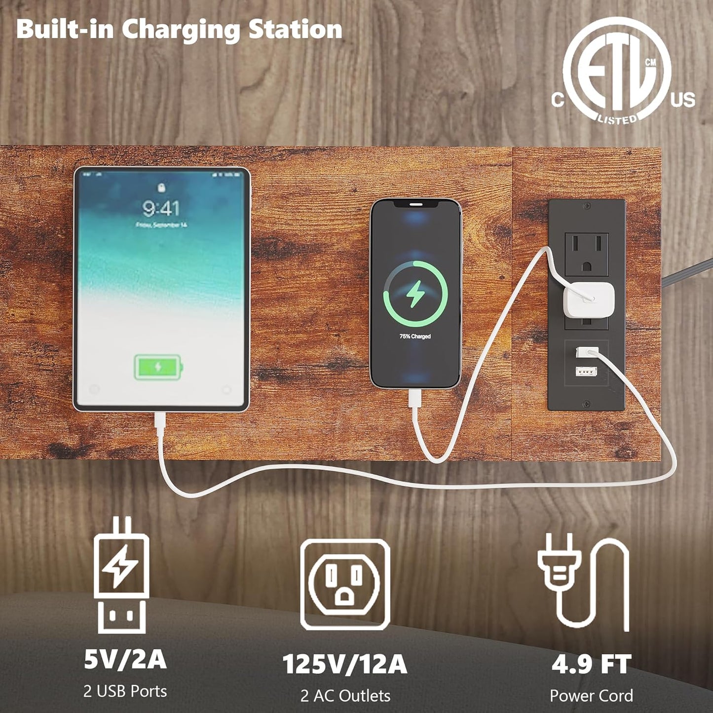 End Table Set 2 with Charging Station, Narrow Side Table with 2 Fabric Drawers, Skinny Nightstand with LED Light, Slim Bedside Table for Bedroom, Living Room, Small Spaces, Rustic Brown