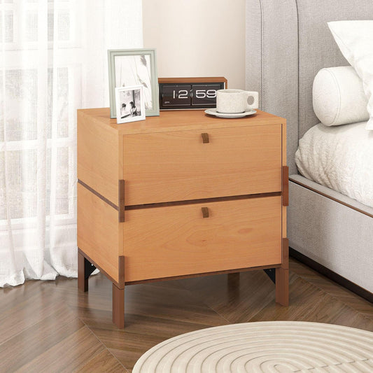Sebastack Night Stand, Customizable 2 Drawers Bedside Table, End Table, Side Table for Bedroom, Dormitory, Mid-Century Style Wood Chest of Furnitures, Basswood Color