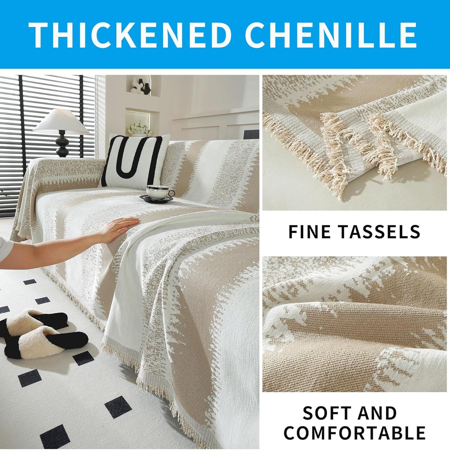 LUFEIJIASHI Boho Couch Covers for Sofa Non Slip Sofa Covers Washable Couch Covers for 3 Cushion Couch Sofa Pet Friendly Sectional Couch Cover Blanket Furniture Protector for Dogs (Khaki, 91"x118")