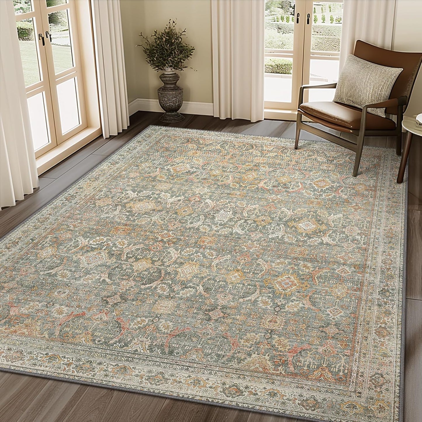 8X10 Area Rugs Machine Washable Rugs for Living Room, Vintage Boho Large Rugs for Bedroom Dining Room, Non Slip Indoor Soft Distressed Lightweight Thin Low Pile Carpet, Turmeric